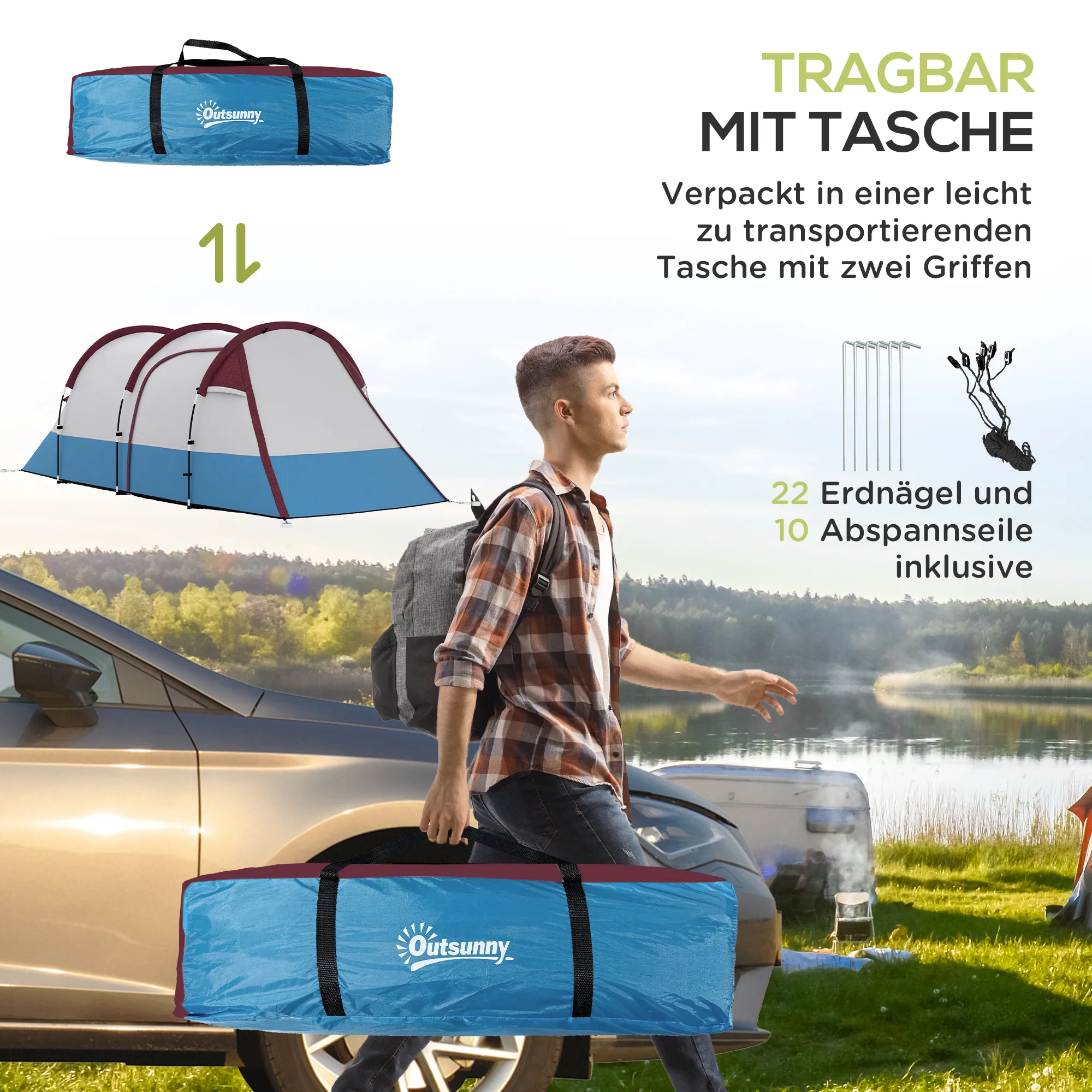 Tunnelzelt 4 Personen 420x200x150 cm Rot