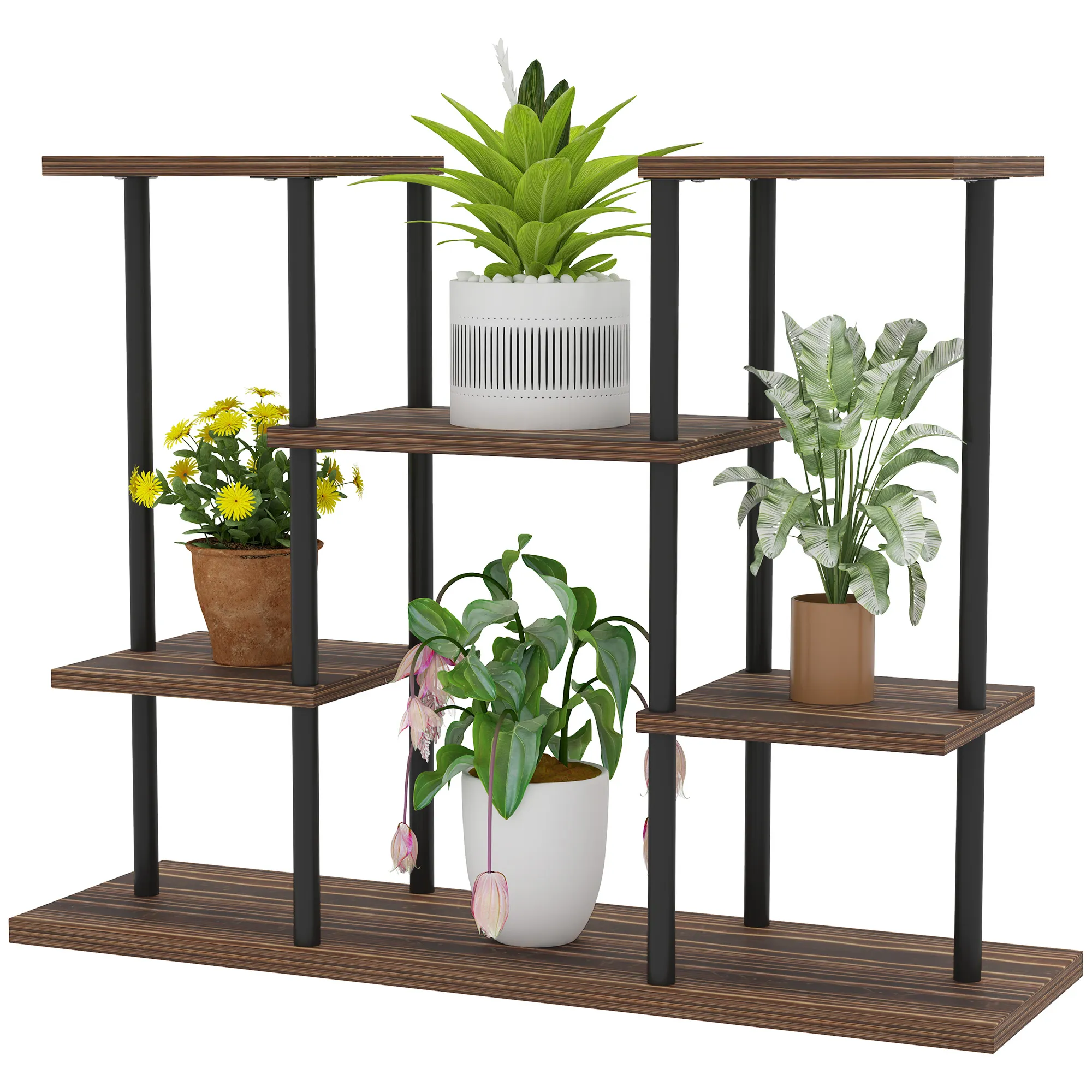 Blumenständer mit 4 Ebenen, 4-stufiger Pflanzenständer, Blumentopfhalter für drinnen und draußen, Holz, Stahl
