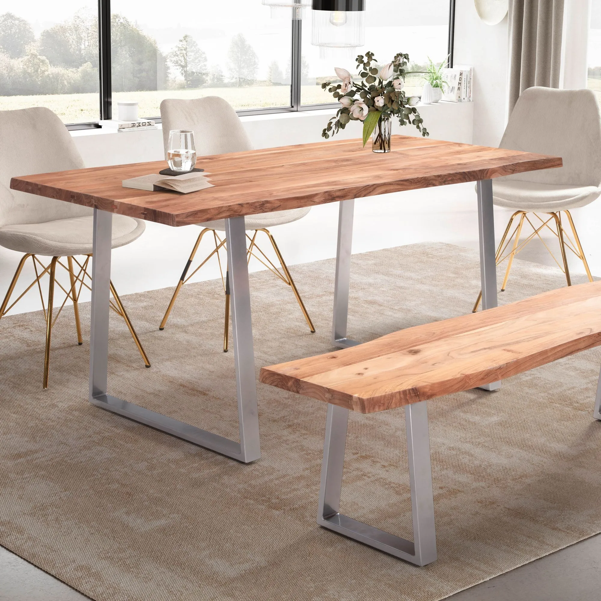 Esszimmertisch 200x100x76 cm Akazie Massivholz / Metall Esstisch Baumkante