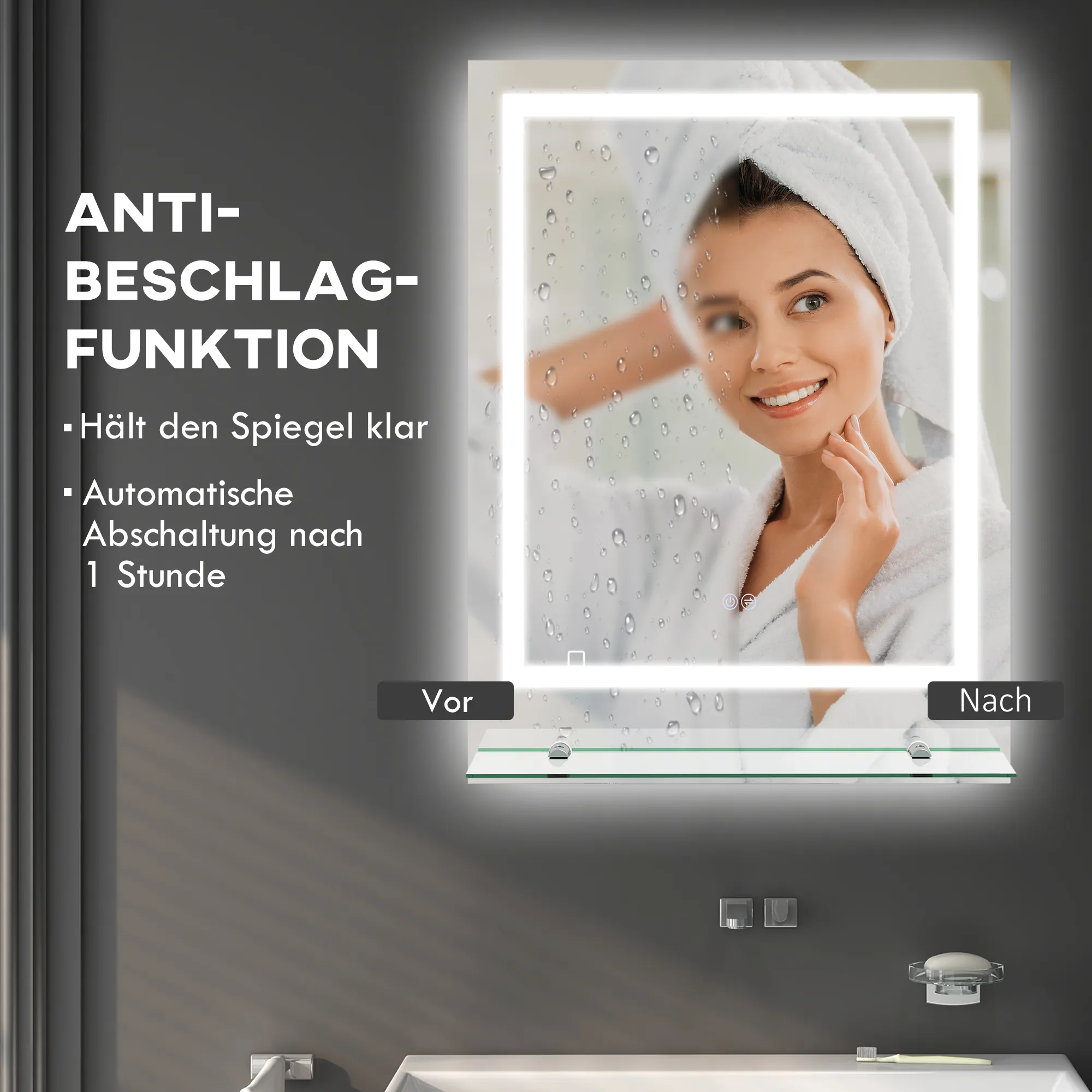 Badezimmerspiegel mit LED-Beleuchtung, 3 Lichtfarben, Antibeschlag-Funktion, verkabelt, 70 x 50 cm