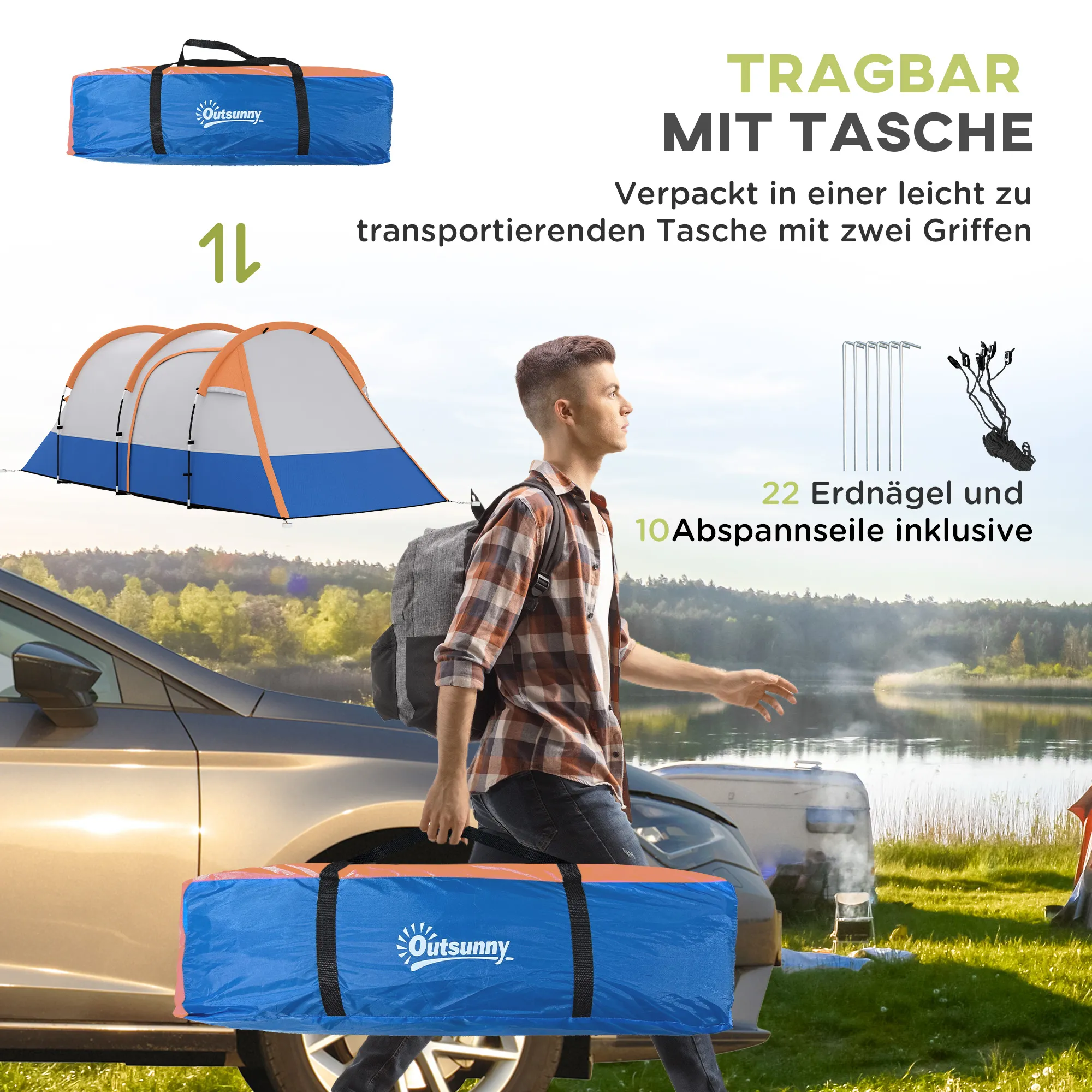 Tunnelzelt 4 Personen 420x200x150 cm Orange