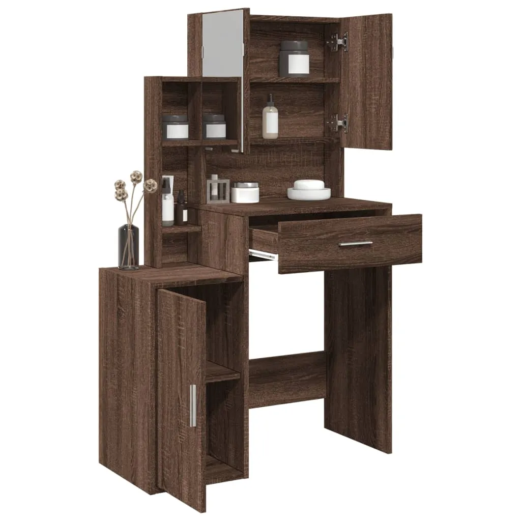 Schminktisch 80x35x132 cm Braun Massivholz-Optik mit Spiegel und Stauraum