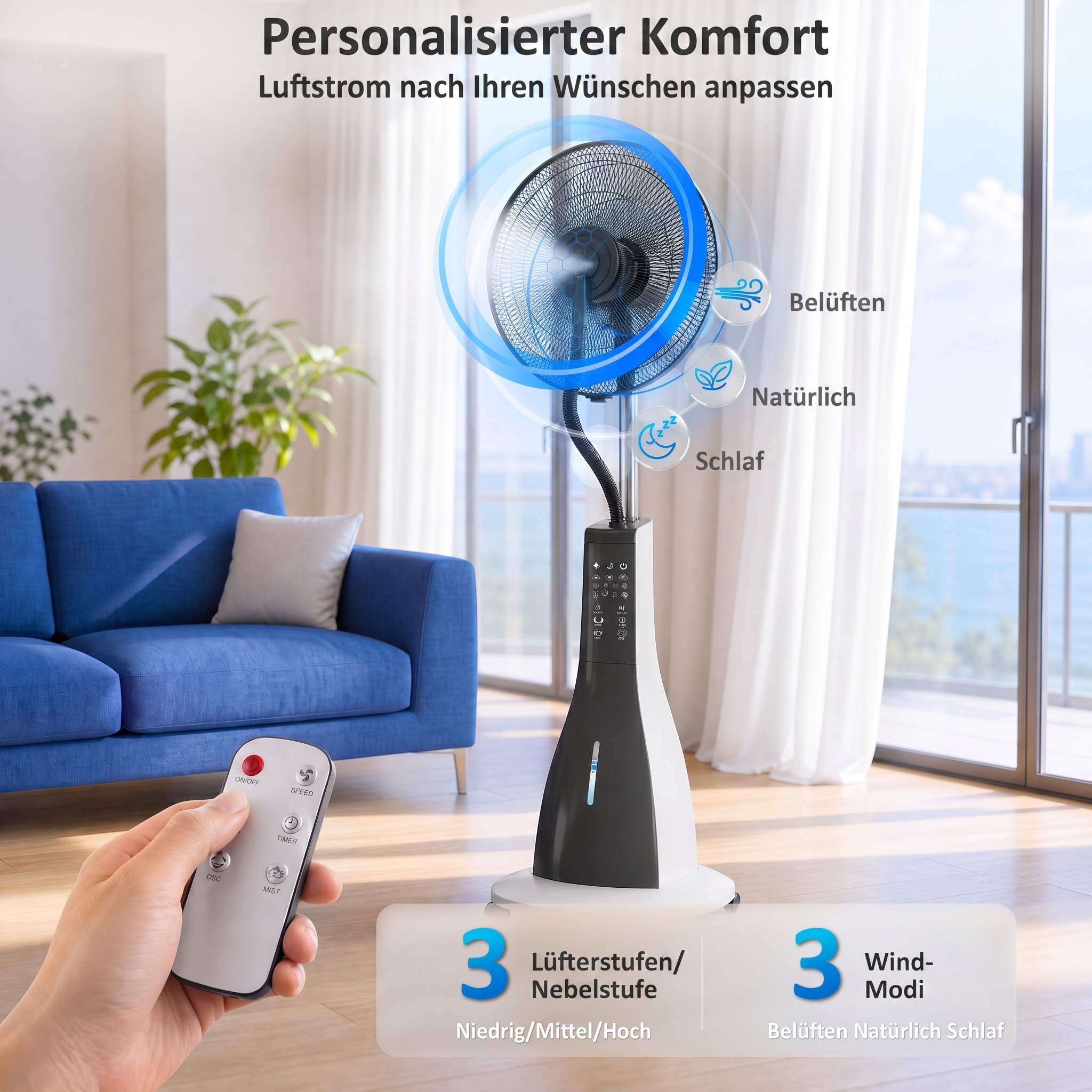 Ventilator mit Sprühnebel 50L x 40B x 125H cm Weiß+Schwarz
