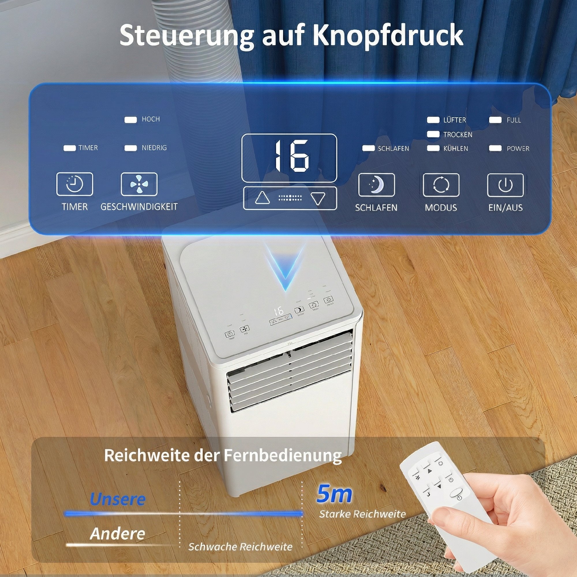 Tragbares Klimagerät 7000 BTU, 4-in-1 Klimaanlage mit Kühlung, Entfeuchter, Ventilator, Schlafmodus