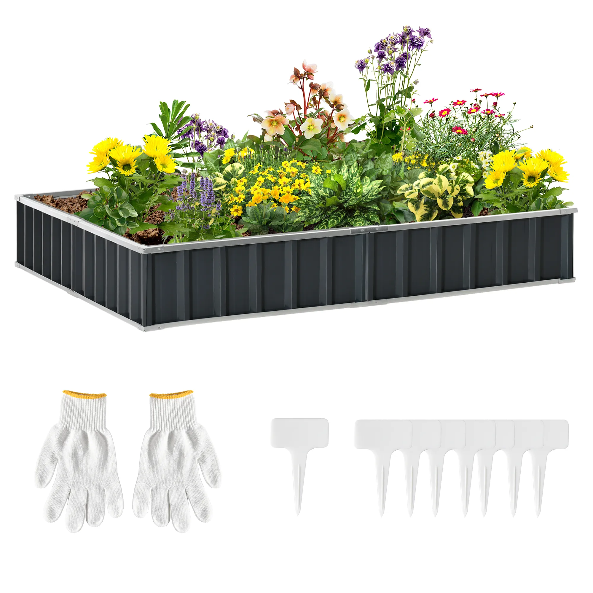 Hochbeet aus Stahl DIY Gartenbeet mit T-Form-Pflanzenschilder Handschuhe Pflanzenbeet Kräuterbeet Blumentreppe für Balkon Garten Dunkelgrau 258 x 90 x 30 cm