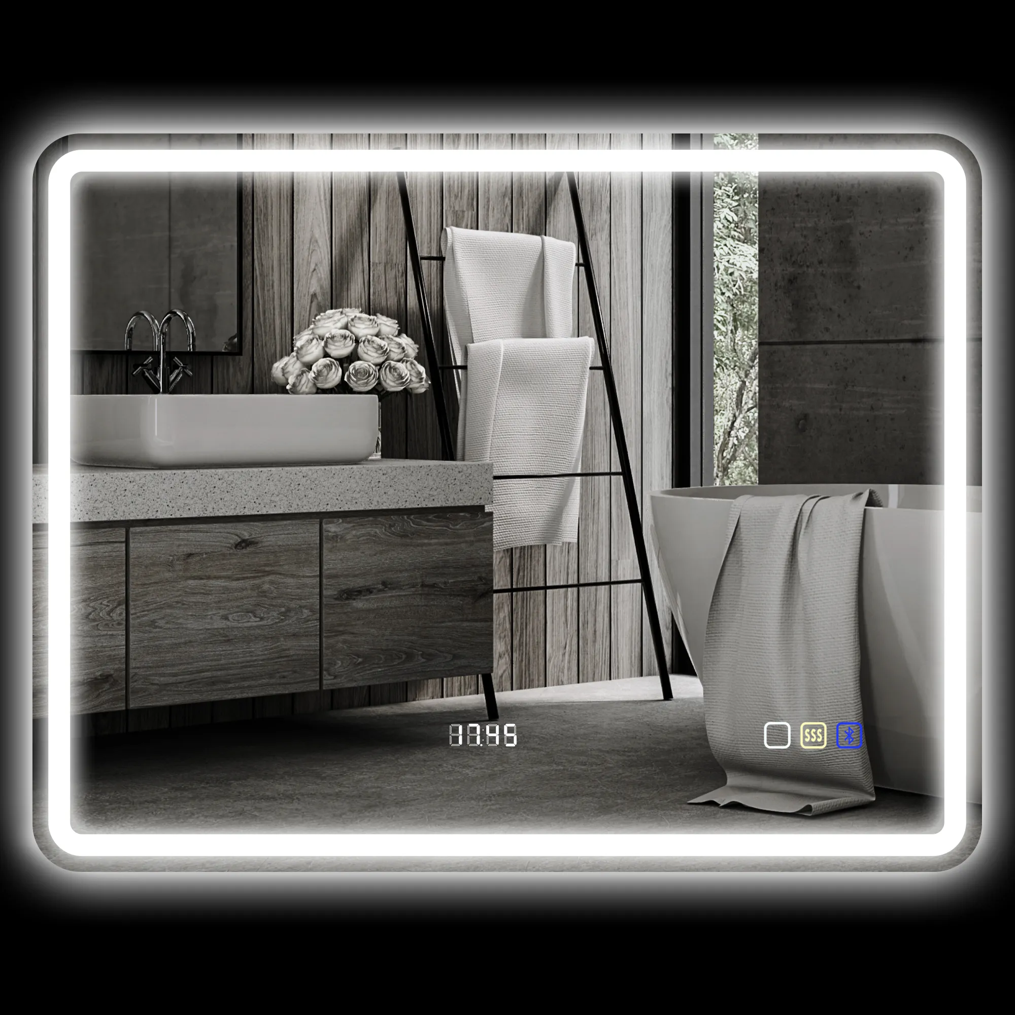 Badezimmerspiegel mit LED-Beleuchtung, Anti-Beschlags-Pad, 3 verstellbare Farben, Uhr, 700 x 900 mm, Silberfarben