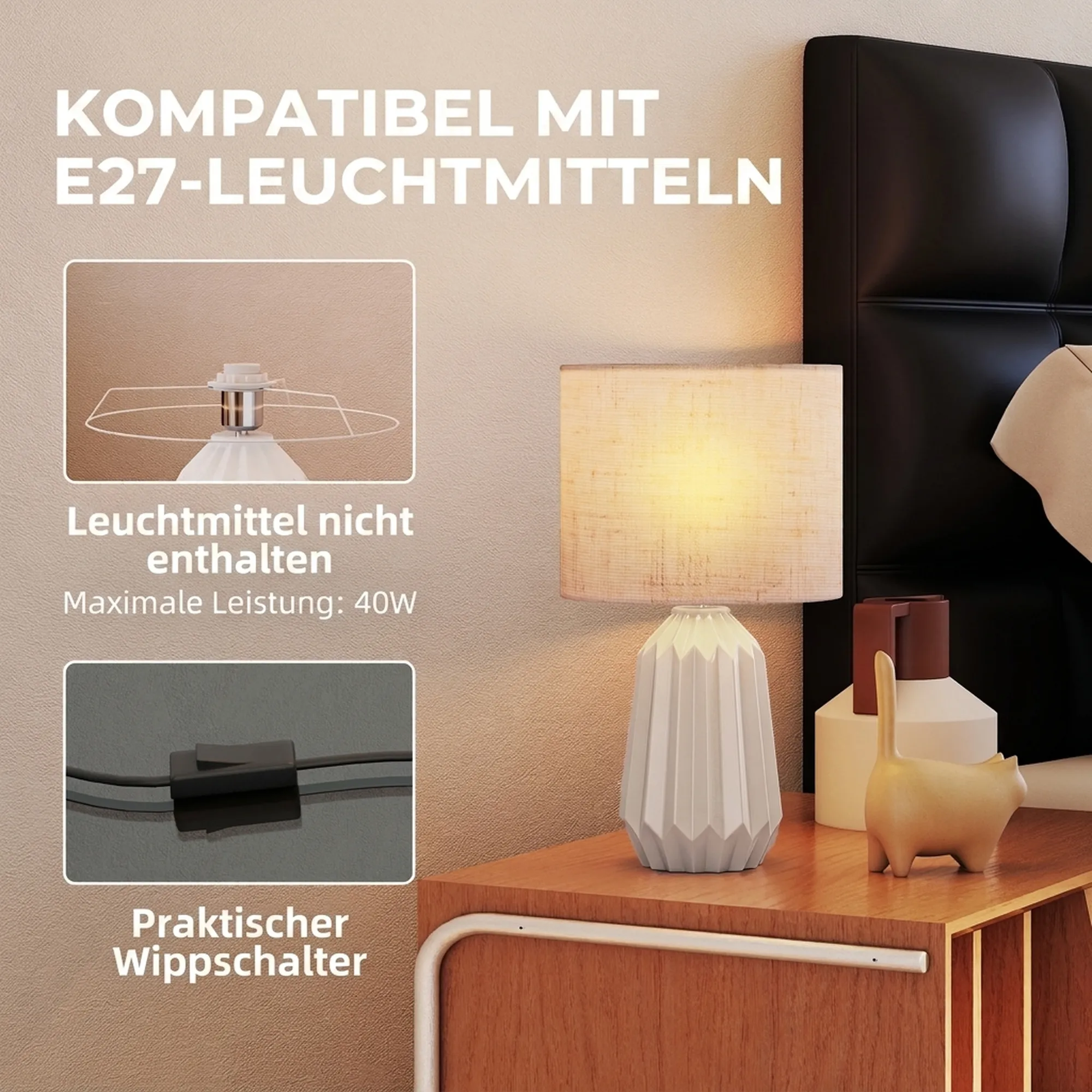 Tischlampe Nachttischlampe Keramik Leinen Beige 22x22x39 cm