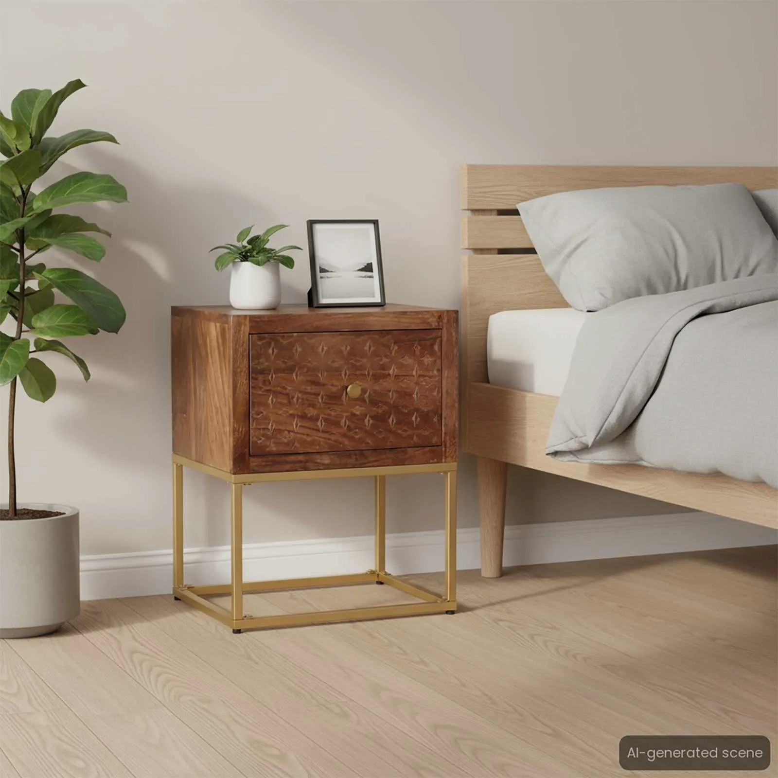 Nachttisch Vollholz mit Stahlgestell 40x30x50 cm Braun