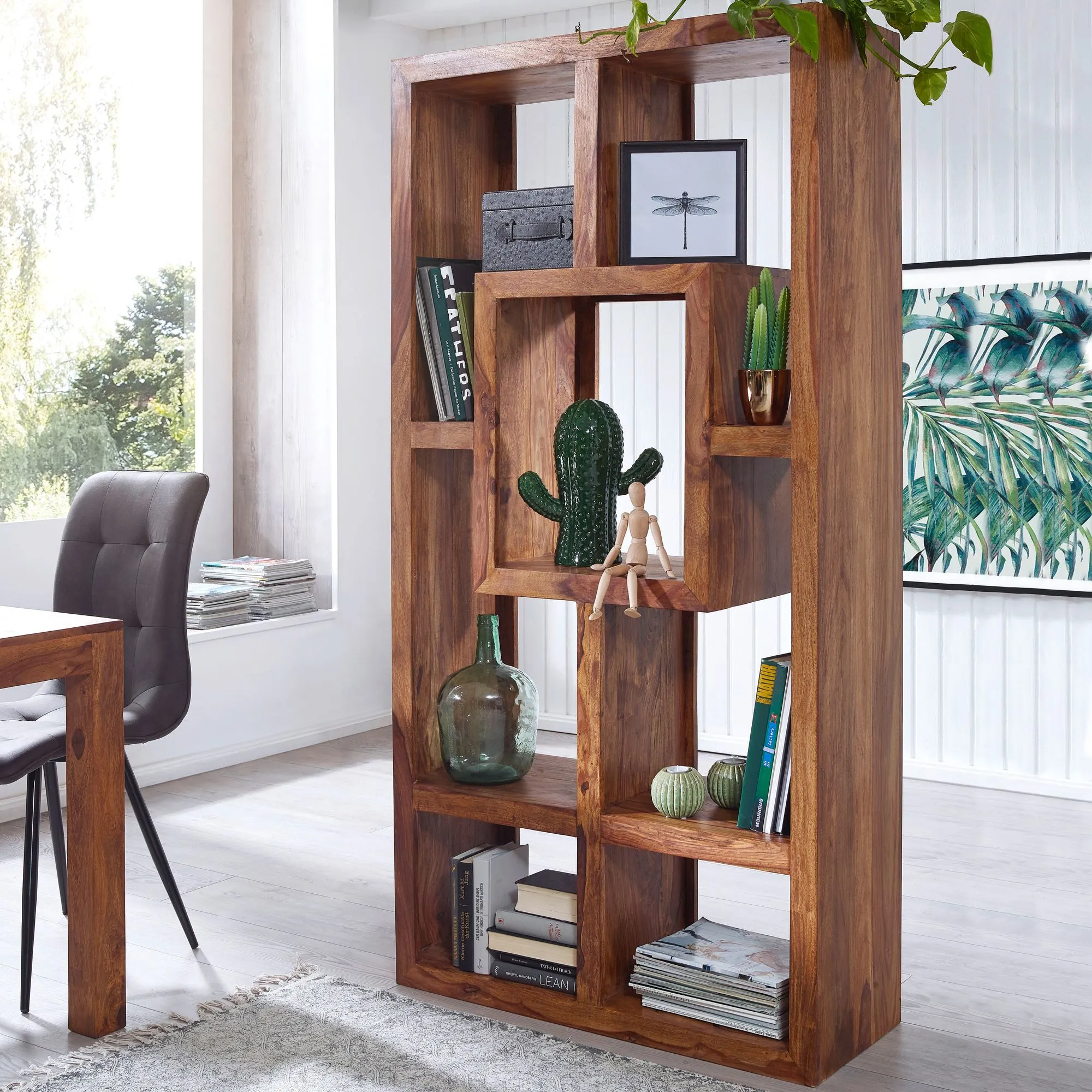 Wohnling Bücherregal MUMBAI Massiv-Holz Sheesham 90 x 180 cm Wohnzimmer-Regal Ablagefächer Design Landhaus-Stil Standregal Wohnling Bücherregal MUMBAI Massiv-Holz Sheesham 90 x 180 cm Wohnzimmer-Regal Ablagefächer Design Landhaus-Stil Standregal