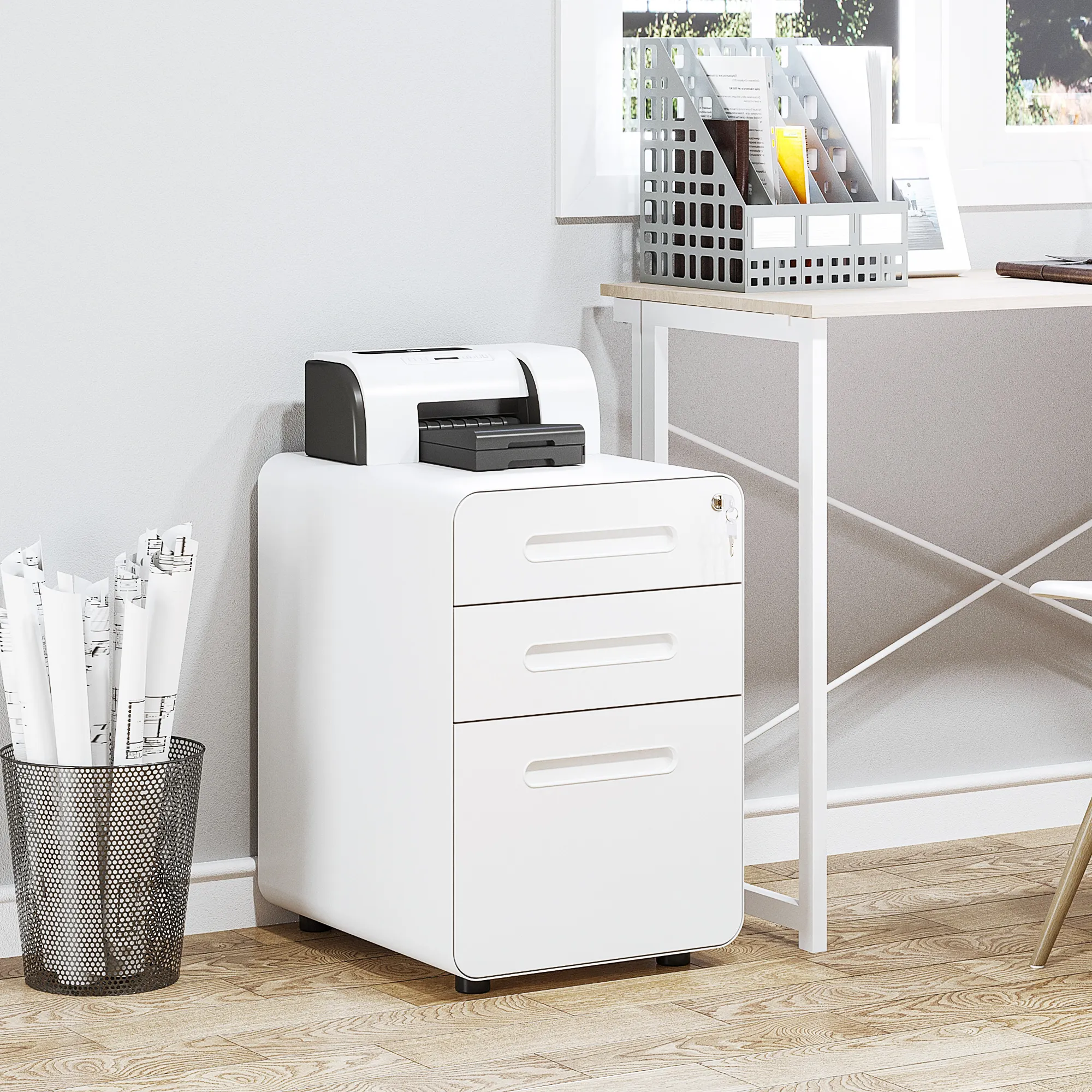 Rollcontainer mit 3 Schubladen mobiler Aktenschrank mit Rollen abschließbar Büroschrank mit Hängeregistratur Stiftfach, Bürocontainer Schreibtisch Unterschrank für Büro 39x48x59cm Weiß