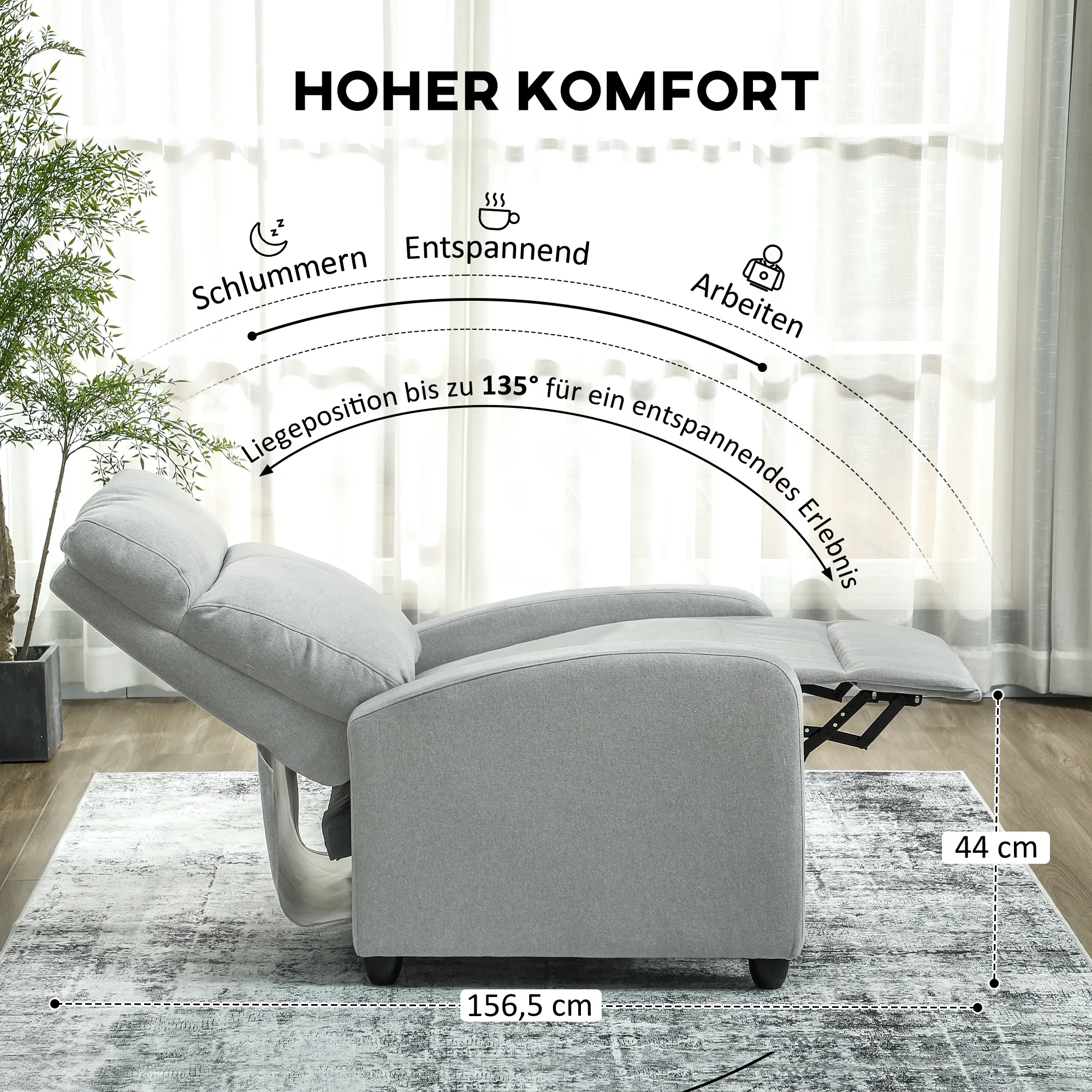 Relaxsessel, verstellbar 135°, ausziehbare Fußstütze, gepolsterte Lehnen, Leinen-Polyester, Hellgrau