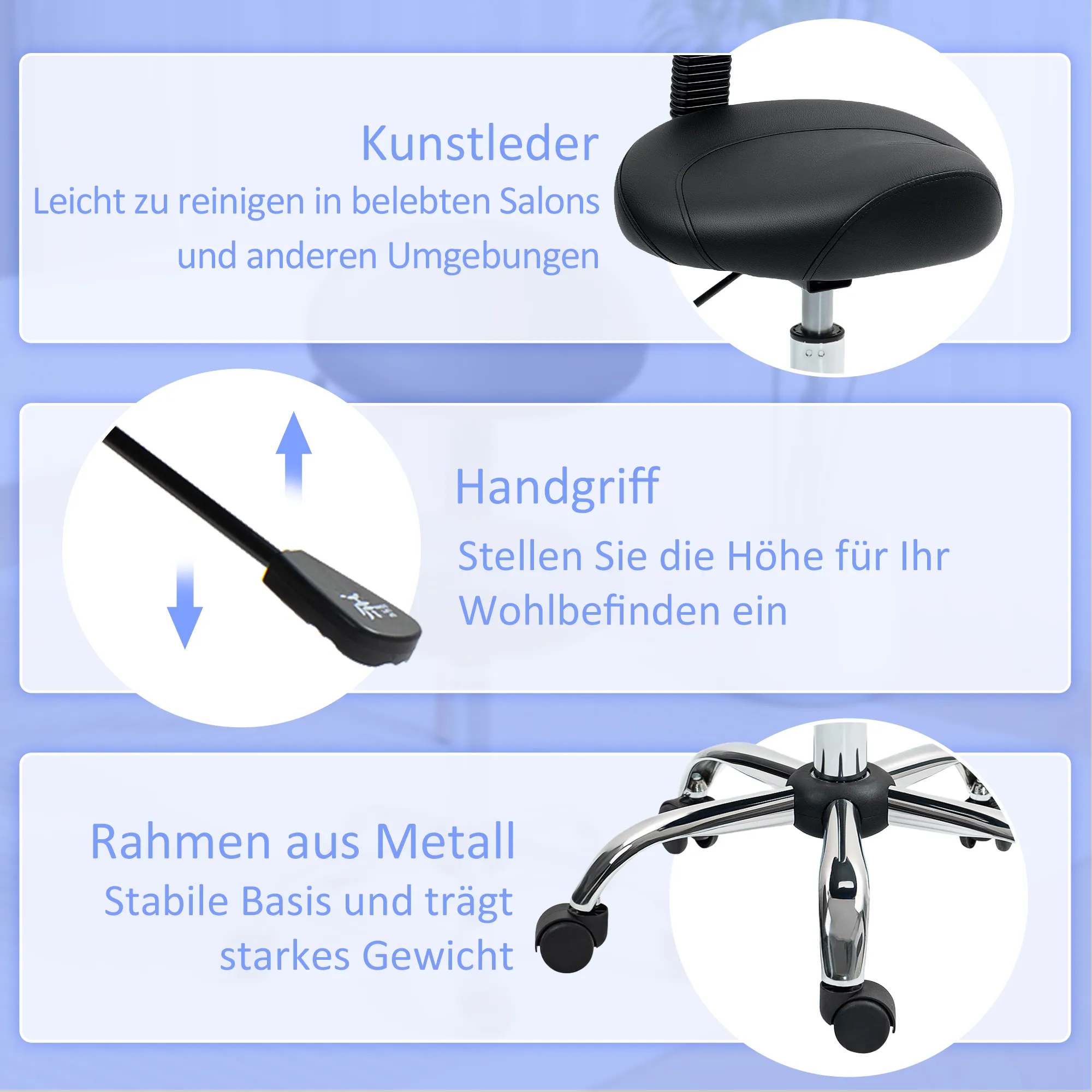 Höhenverstellbarer Rollhocker Schwarz 50L x 50B x 83-98H cm