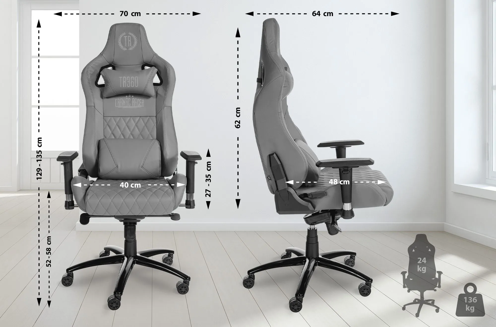 Bürostuhl Keren Echtleder 129x70x64 cm grau