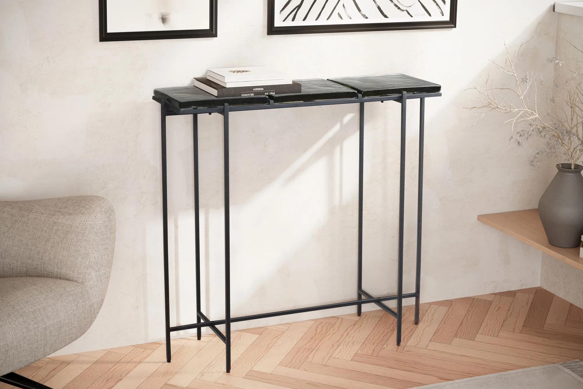 Konsolentisch Schwarz 90x29x85 cm Design Anrichte Glas Flur
