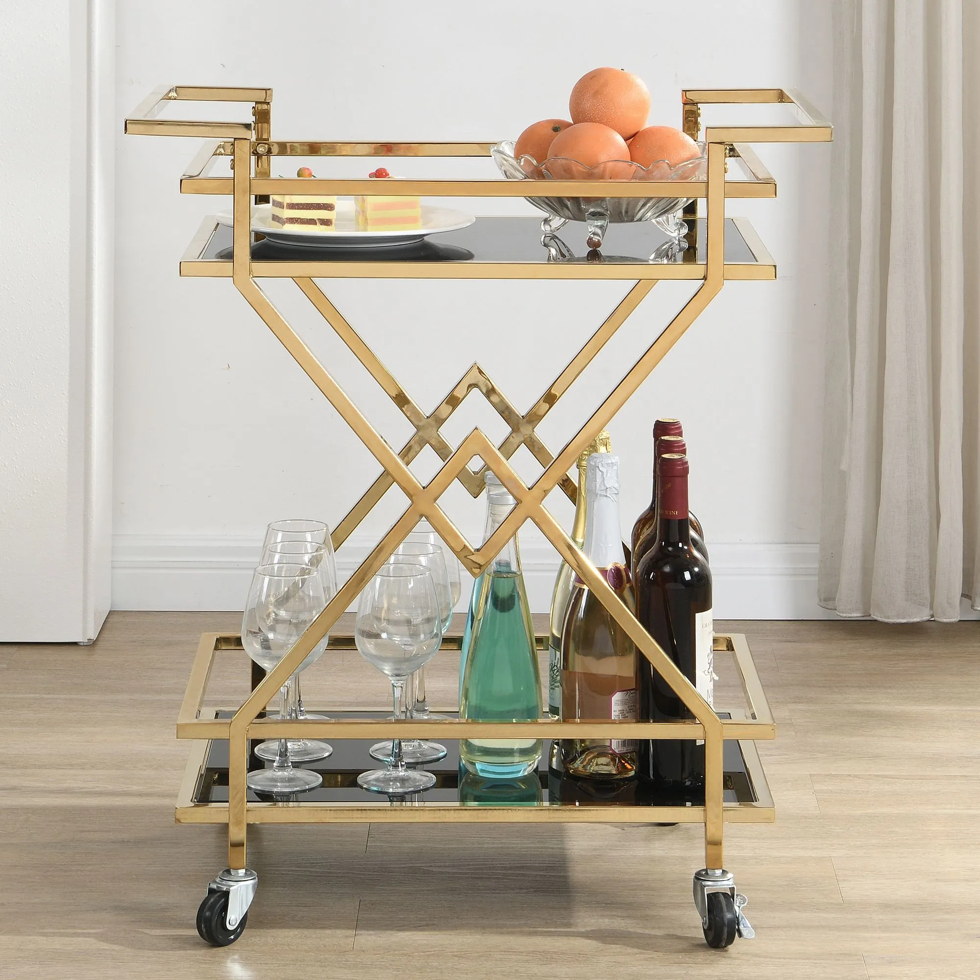 Servierwagen Gold mit Glasablagen 65x80x40 cm
