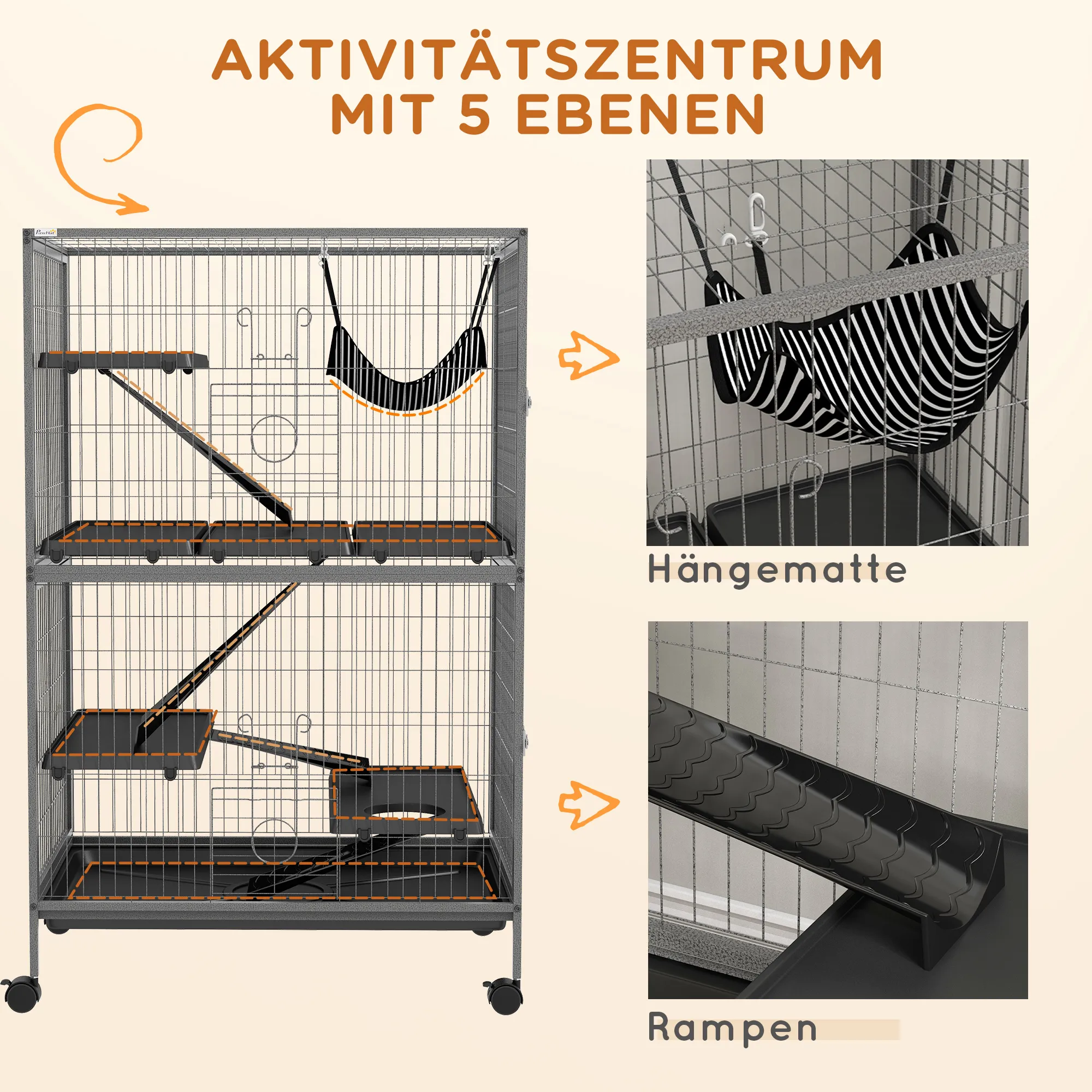 Kleintierkäfig mit Hängematte, Nagetierkäfig mit Rollen, 4-stöckiger Käfig, Metall, Kunststoff, 80 x 52 x 128 cm, Grau