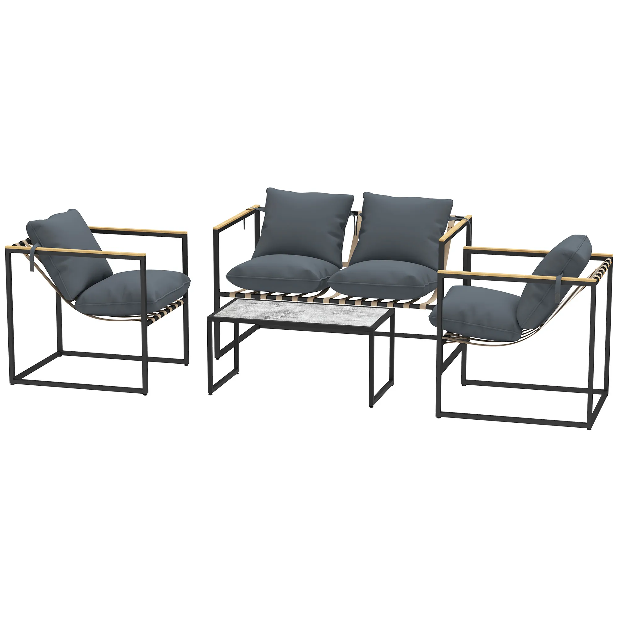 4-teiliges Gartenmöbelset, Outdoor-Möbel-Set, 2 Sessel, 2er Sofa, 1 Tisch, gepolstert, Stahl, Polyester, Grau