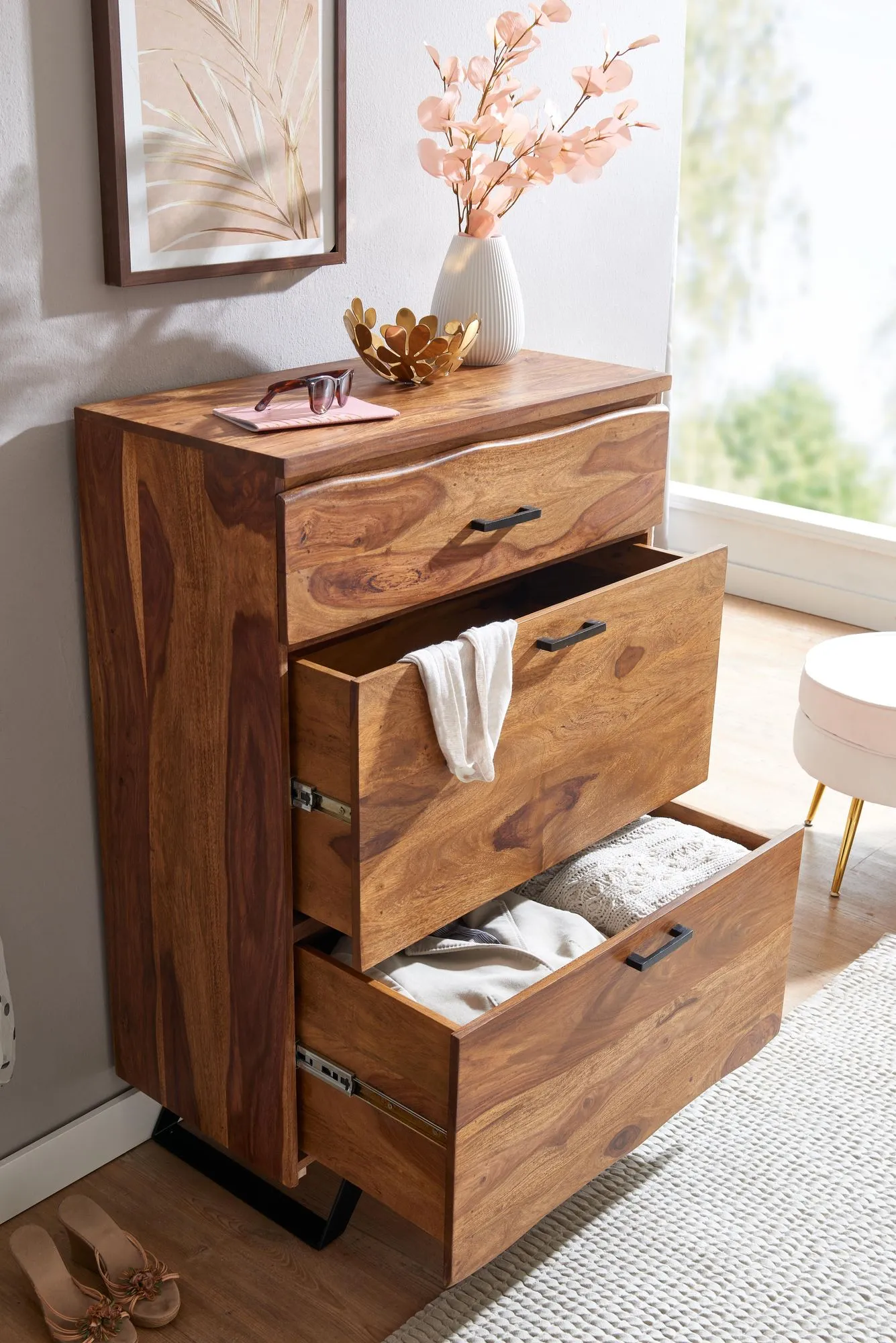 tinkaro Kommode BLEND Sheesham Massivholz / Metall Flurkommode Natur