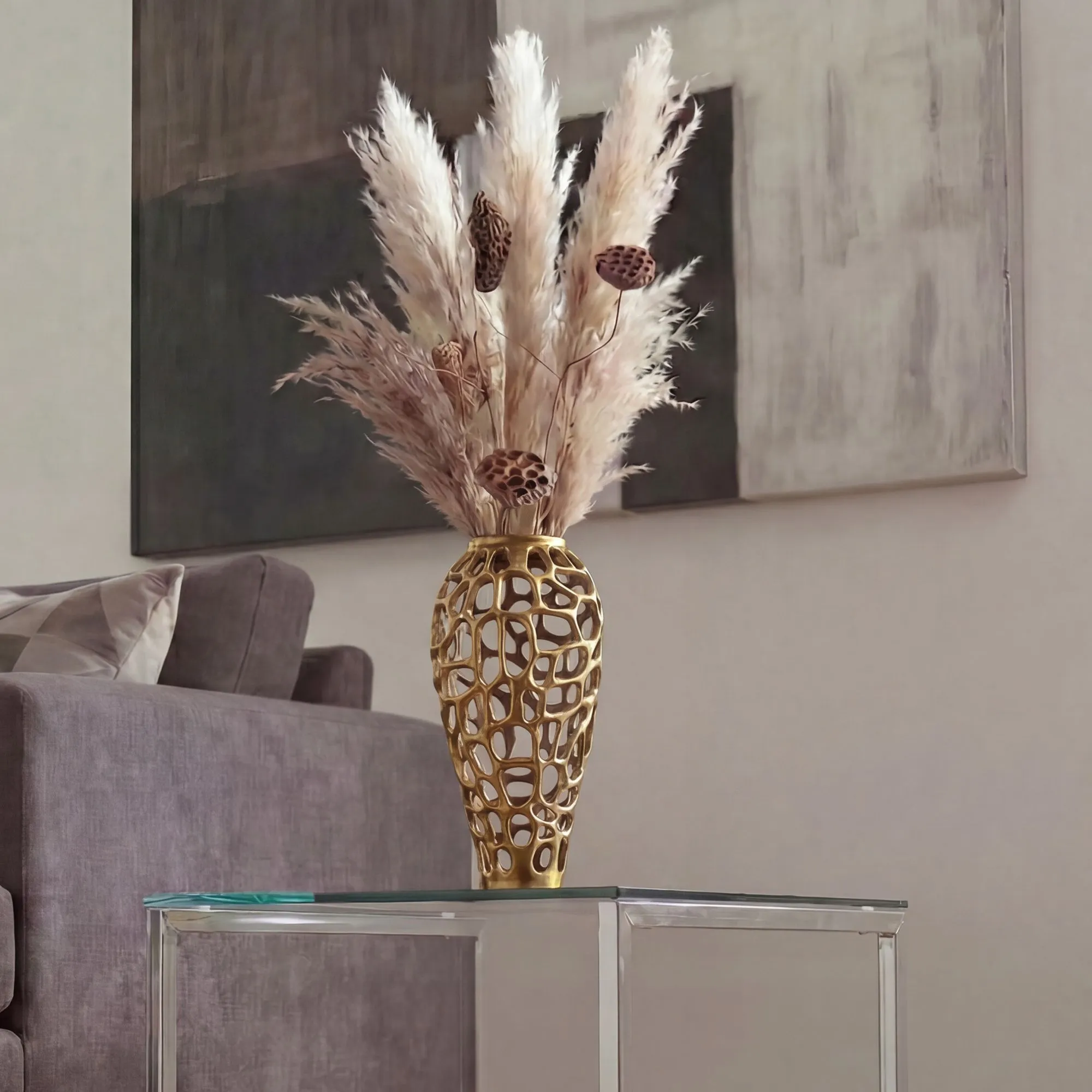 Dekovase Aluminium 45cm Gold - Design Blumenvase Groß - Metallvase Modern - Bodenvase rund für Trockenblumen - Standvase Hoch - Wohnzimmer Deko - Wohndeko Handmade