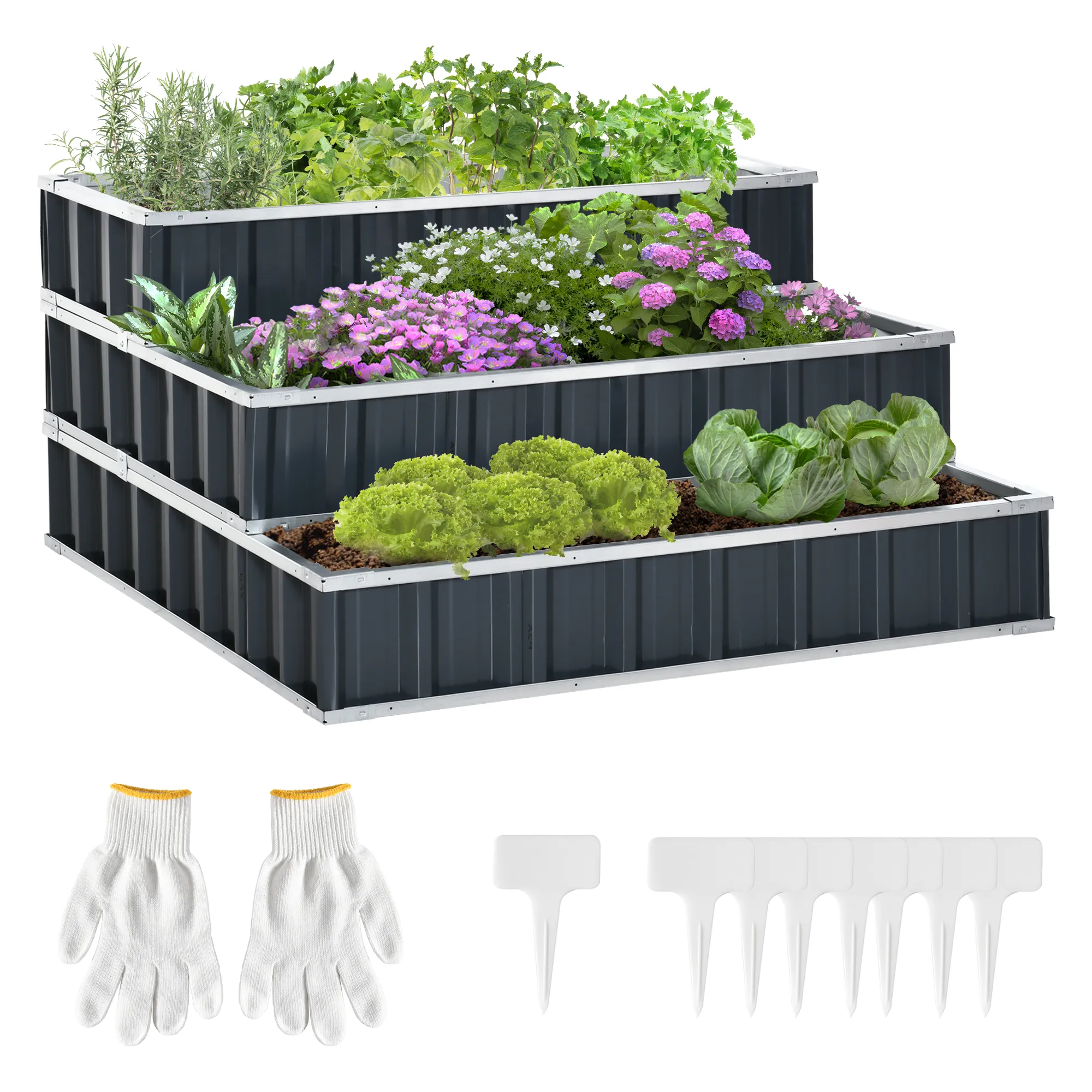 Hochbeet aus Stahl 3-stufige Gartenbeet mit T-Form-Pflanzenschilder Handschuhe Pflanzenbeet Kräuterbeet Blumentreppe für Balkon Garten Dunkelgrau 118 x 118 x 62 cm