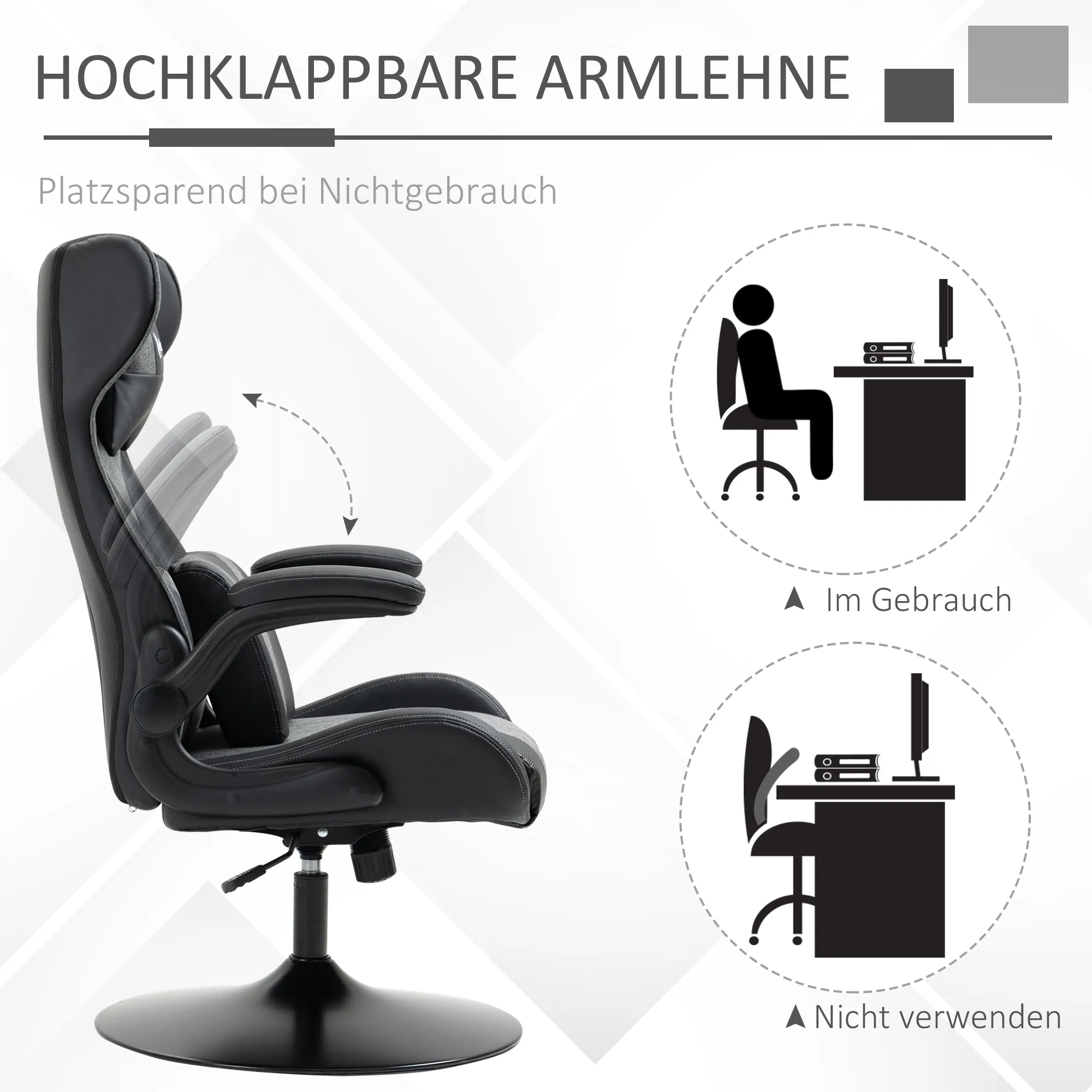 Gaming-Stuhl, höhenverstellbar & drehbar, Kunstleder-Bezug, klappbare Armlehnen, Schwarz+Grau