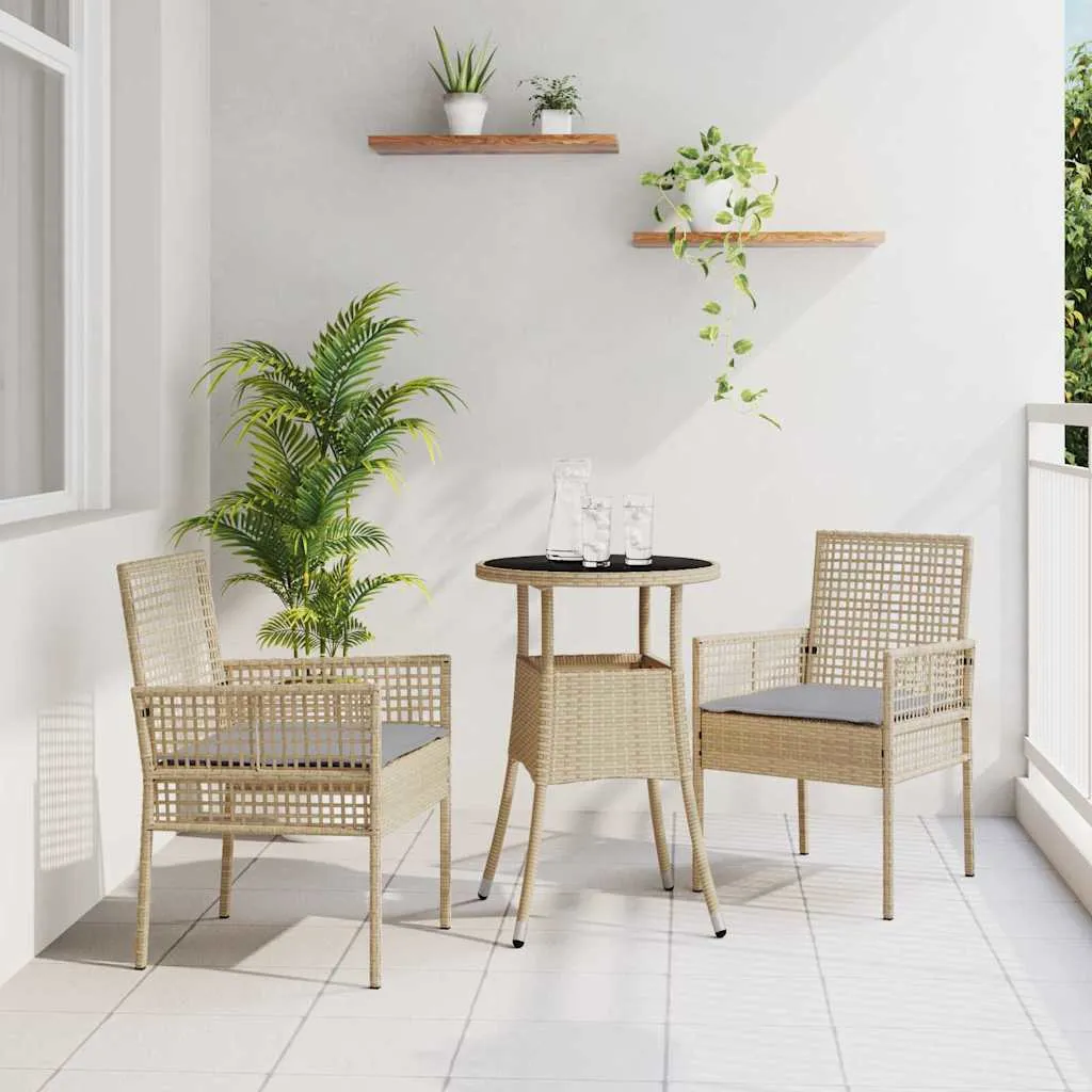 Garten-Esszimmer-Set Poly-Rattan Beige mit 1 Tisch, 2 Stühlen, 2 Kissen