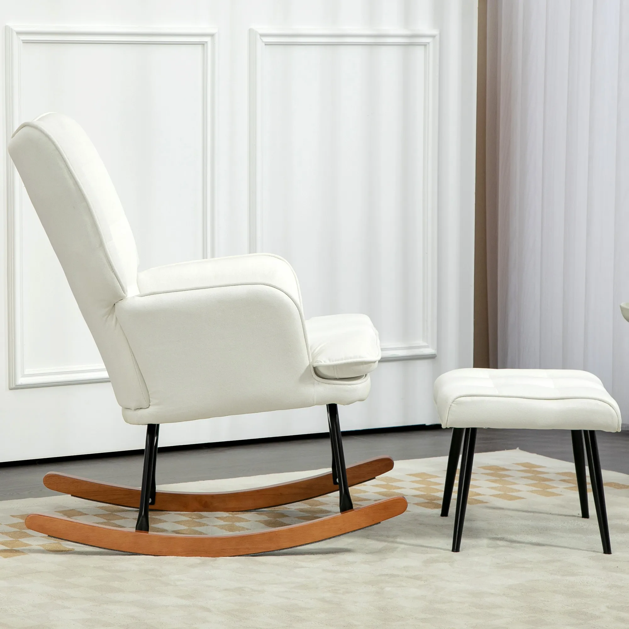 Schaukelstuhl mit Hocker, sanftes Schaukelsystem, Leinenimitat, 64 x 89 x 90 cm, Cremeweiß