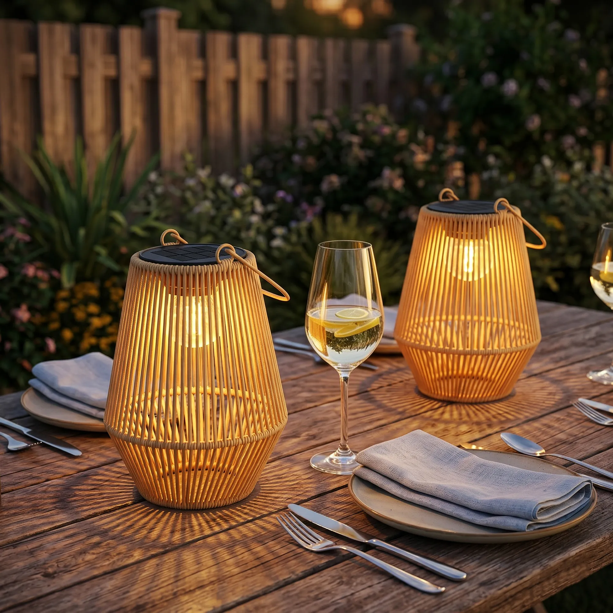 Solar Hängelampen Set Rattan Optik IP44 wasserdicht, Braun