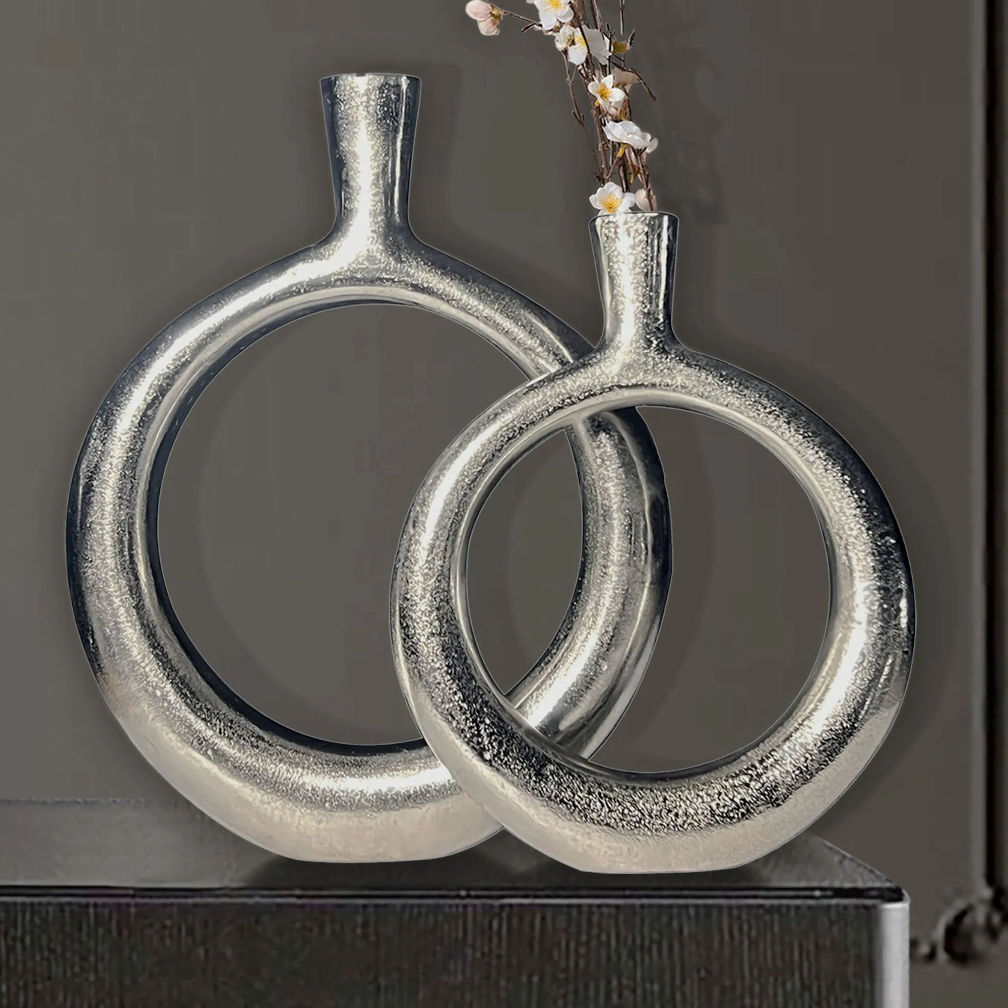 Deko Vase 2er Set Aluminium Silber Donut Blumenvase Modern