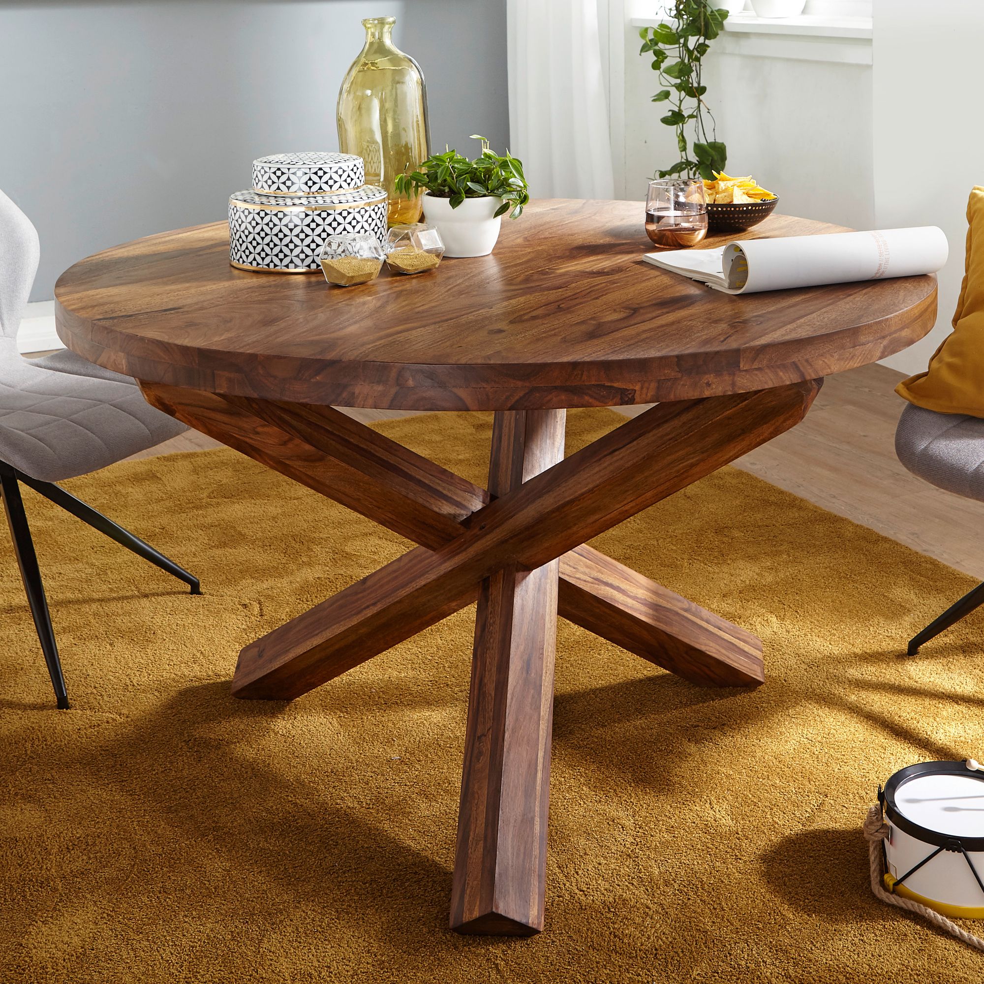WOHNLING Design Esstisch BOHA rund 120 cm x 75 cm Sheesham Massiv-Holz