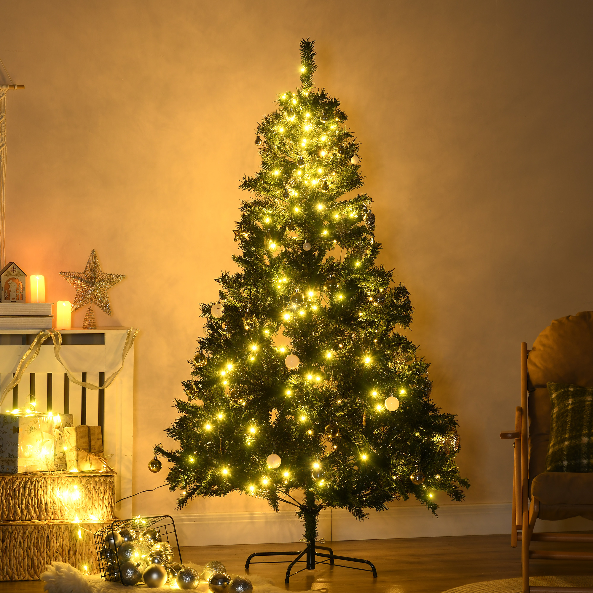 Künstlicher Weihnachtsbaum 180 cm mit LED und Kugeln, Grün