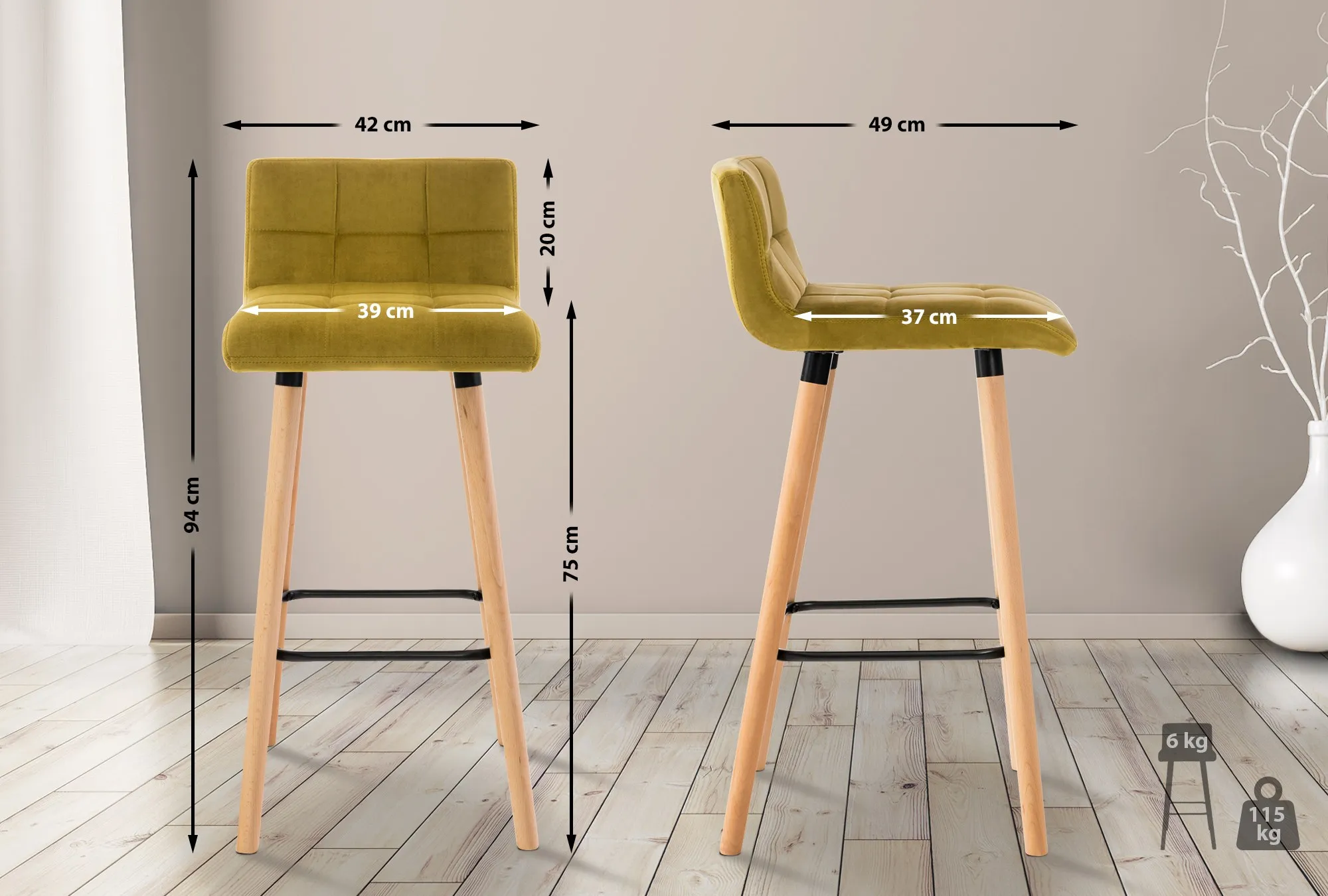 Barhocker Lincoln Samt 42x49x94 cm Gelb