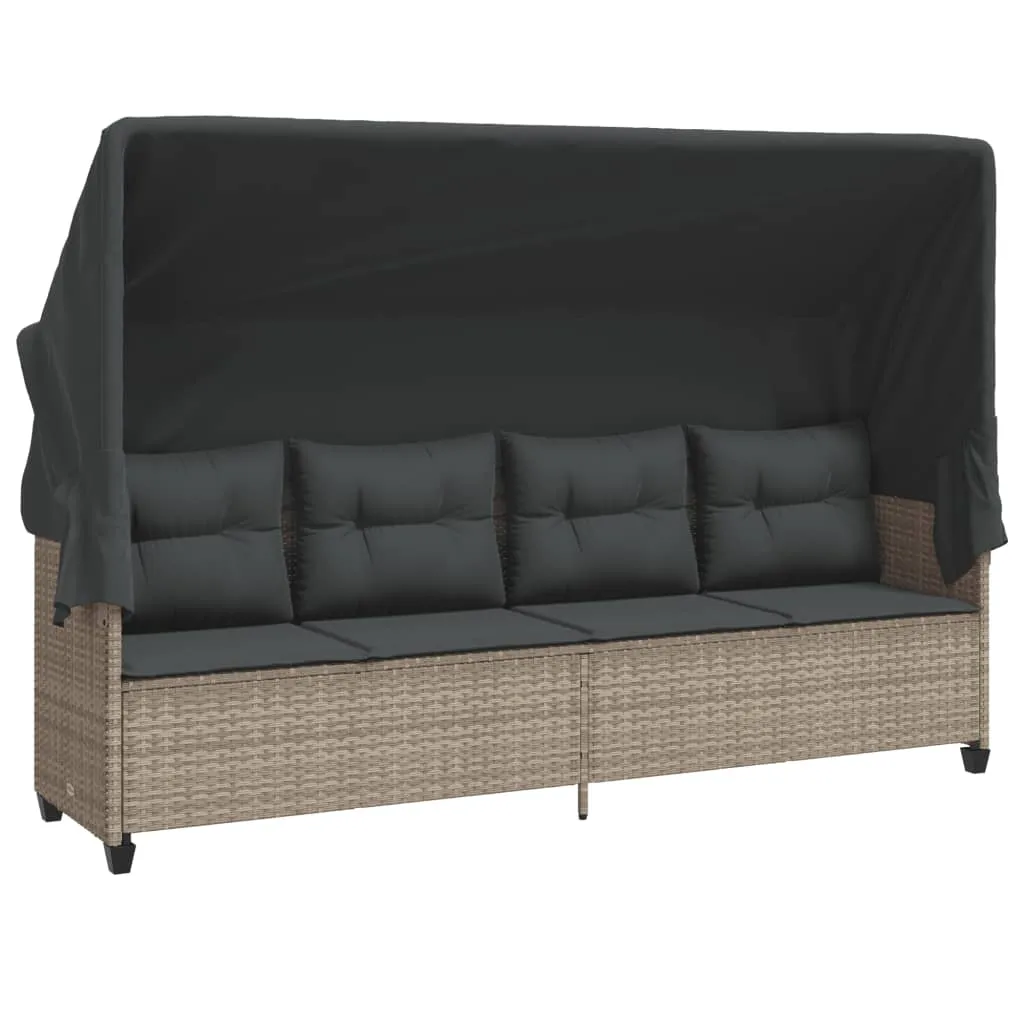 Sonnenliege mit Dach 204x75x140 cm Hellgrau aus PE-Rattan und Stahl