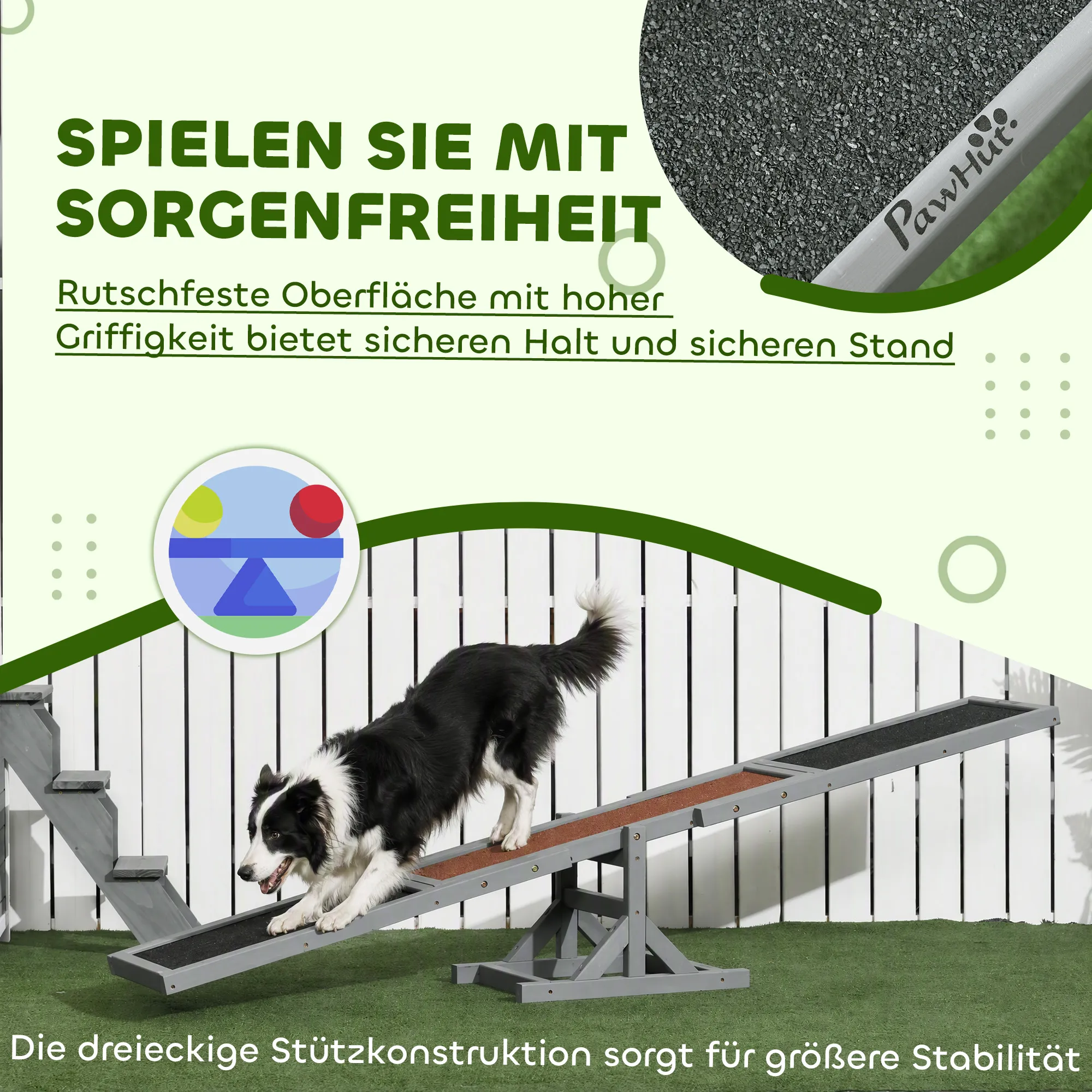 Hundewippe Agility aus Tannenholz, rutschfest, 180x30x30 cm, Grau