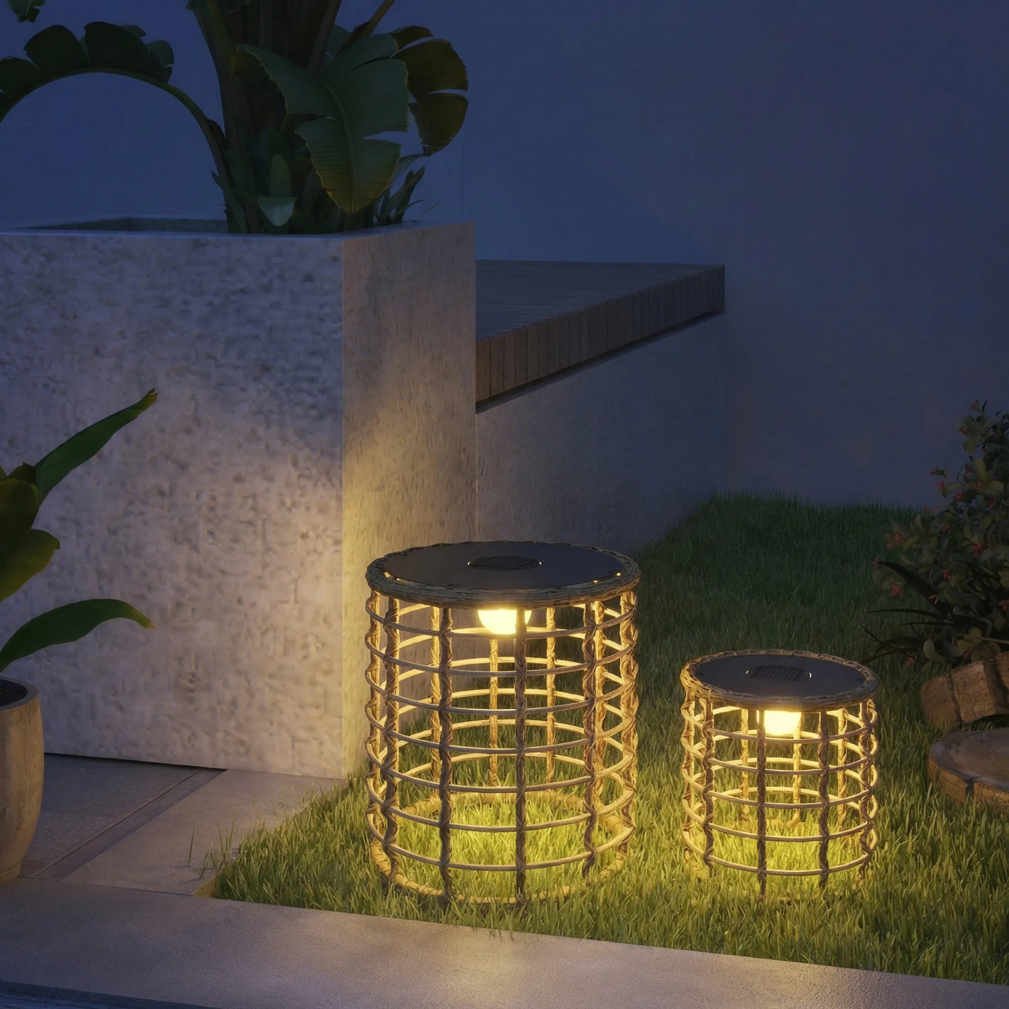 Solar Stehlampe 2er Set Rattan Boho-Stil Sand Schwarz IP44