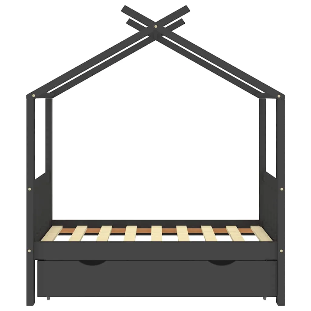 Massivholz Kinderbett Baumhaus mit Schublade 146x77x160 cm Dunkelgrau