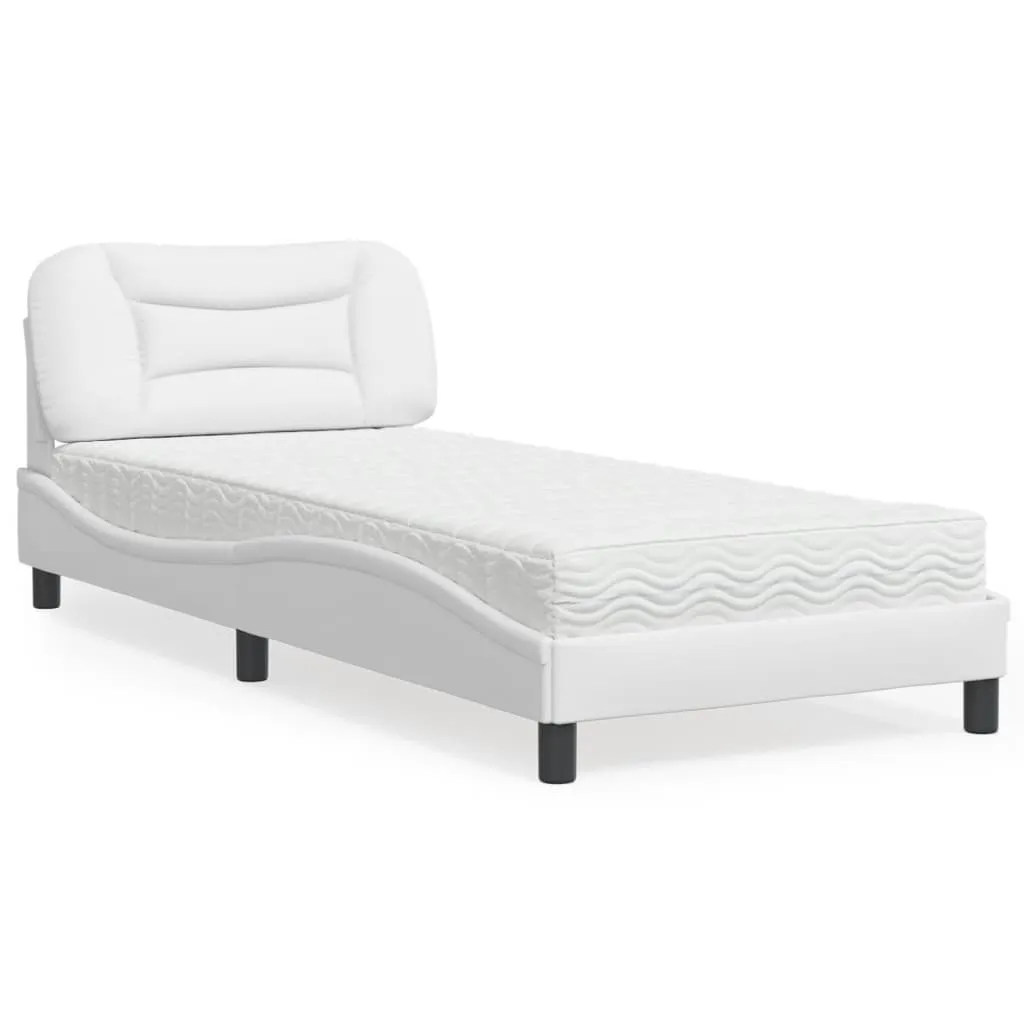 Weißes Kunstlederbett 208x95x74,5 cm mit Schaumstoffmatratze H2/H3