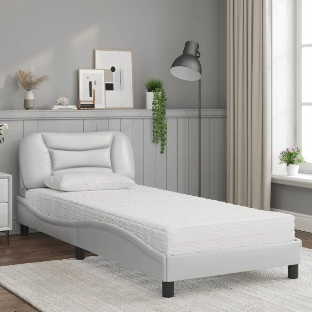 Weißes Kunstlederbett 208x95x74,5 cm mit Schaumstoffmatratze H2/H3