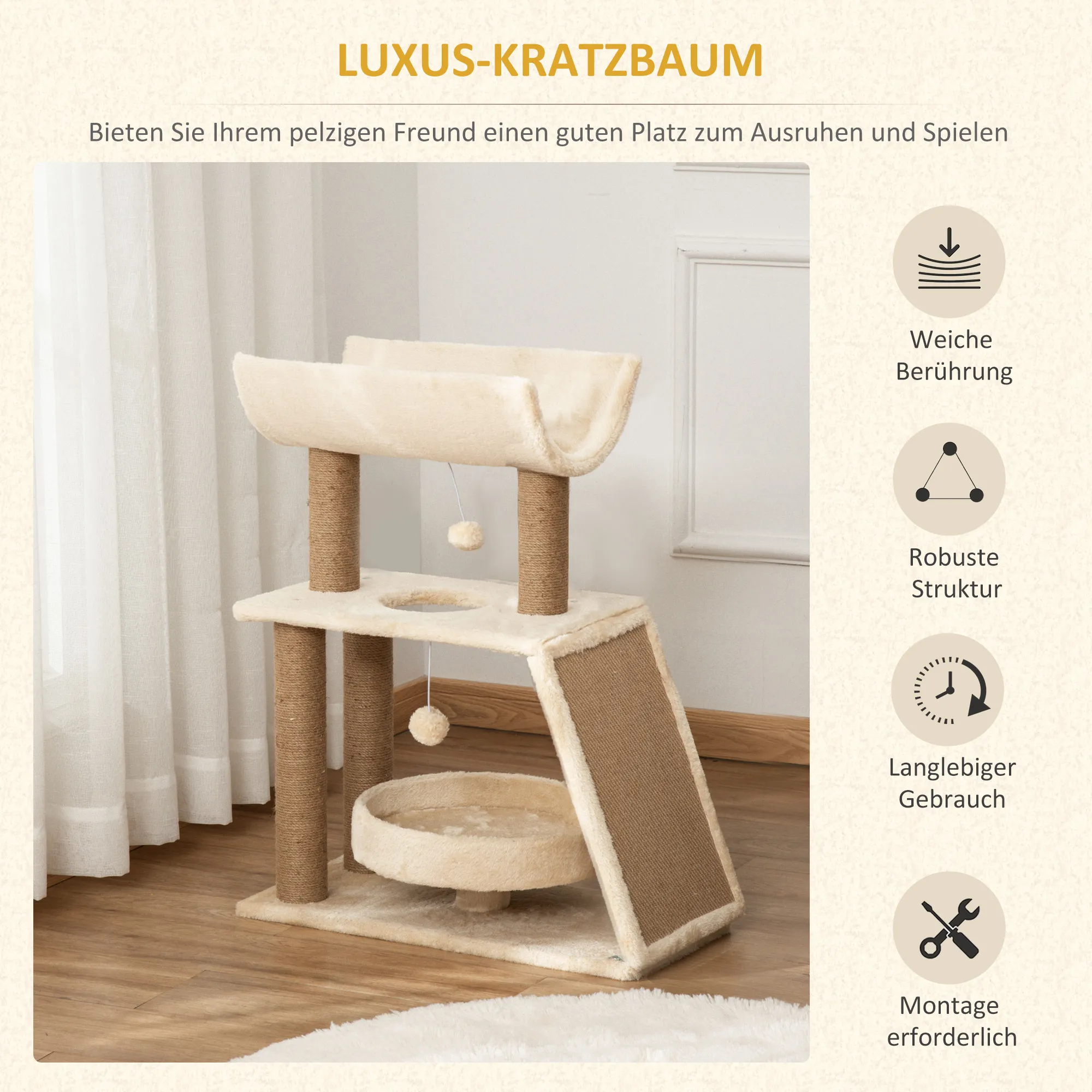 Katzenkratzbaum Hellbraun 60L x 30B x 76H cm mit Plüsch