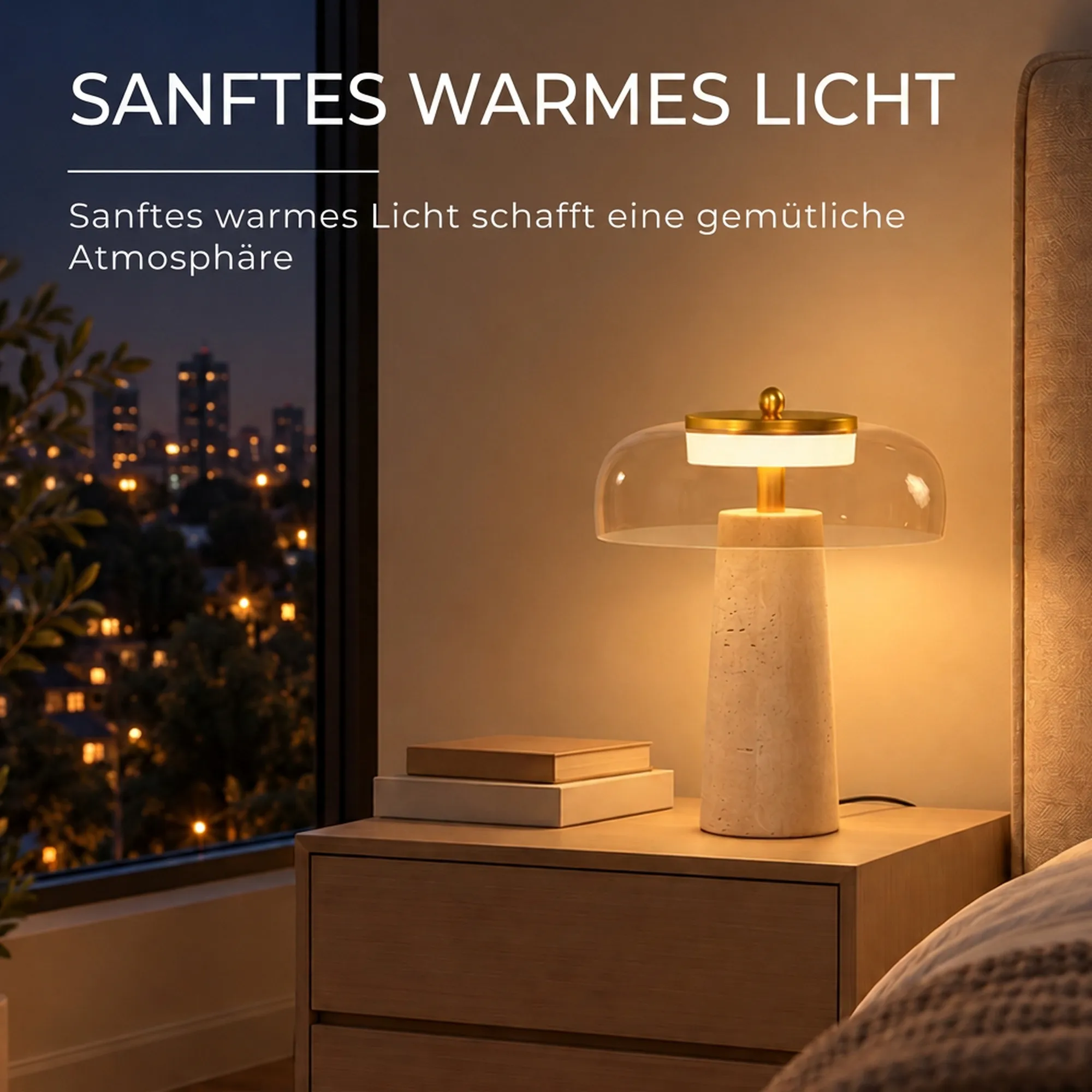 Tischlampe Vintage LED Travertin Glasschirm Bernstein 23x23x31 cm