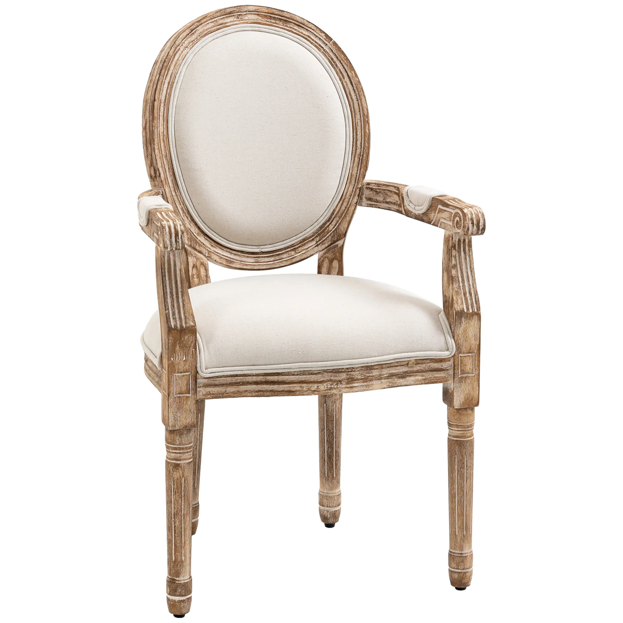 Küchenstuhl mit Armlehnen Polsterstuhl Esszimmerstuhl Retro-Design im Leinen-Optik für Wohnzimmer Gummiholz Cremeweiß+ helle Holzfarbe 56 x 56 x 96 cm