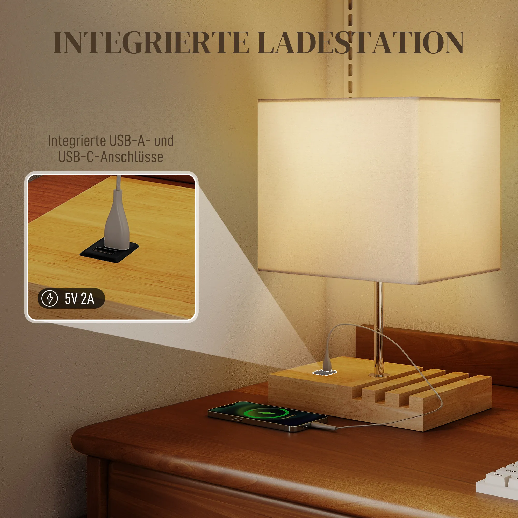 Nachttischlampe mit USB-A/C Ports, Holz & Stoff, Weiß, 40,5 cm