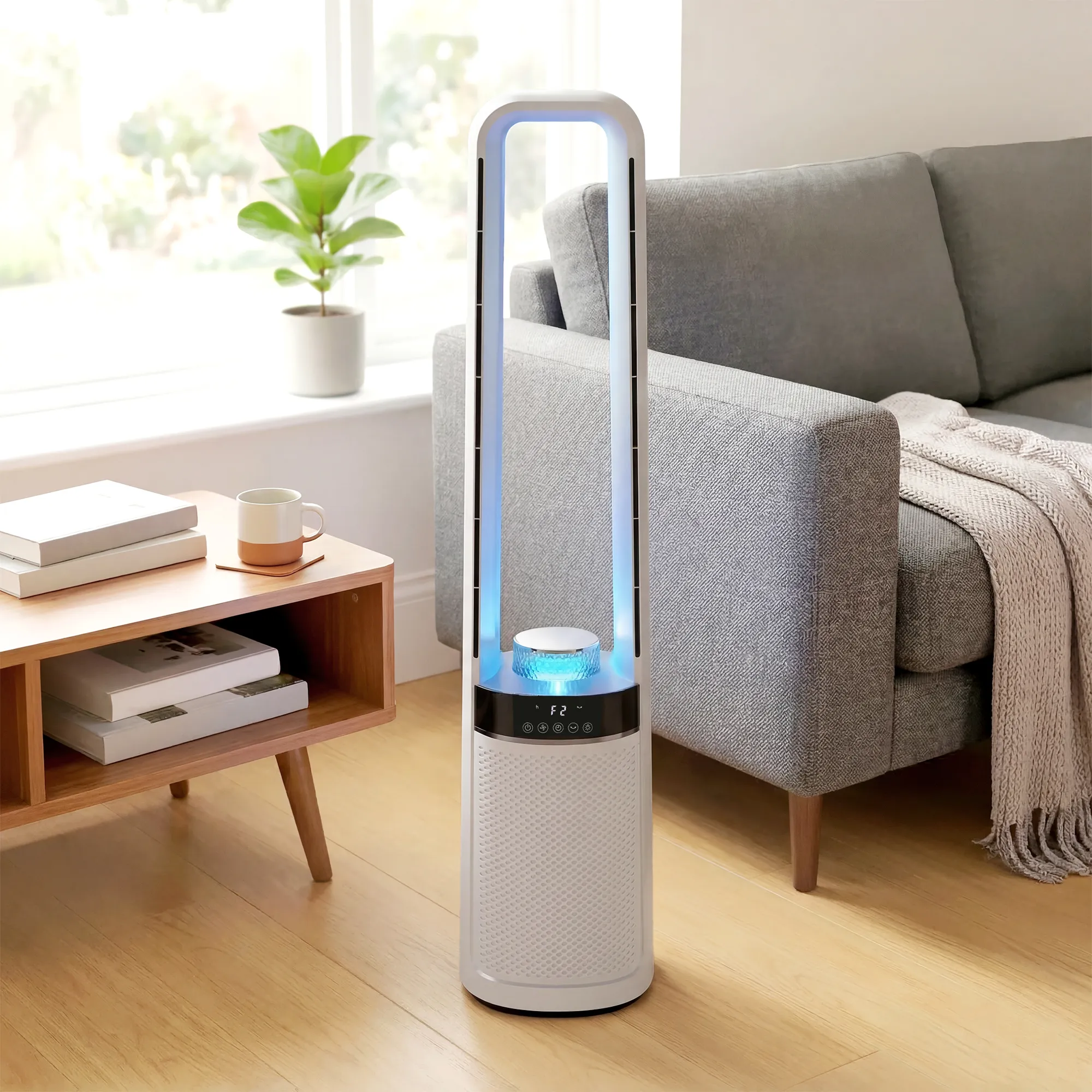 Turmventilator ohne Rotorblätter, mit 45° Oszillation, LED-Licht, 3 Geschwindigkeiten, 12-Std.-Timer, Fernbedienung