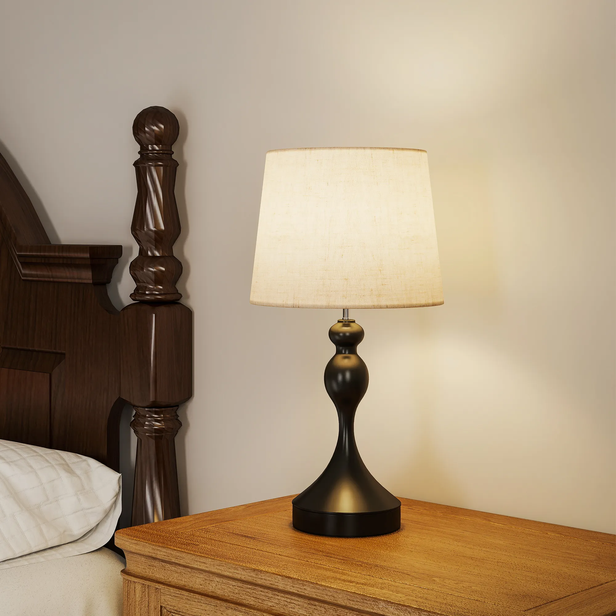 Nachttischlampe LED mit USB A+C, Leinen, Schwarz, 54 cm hoch