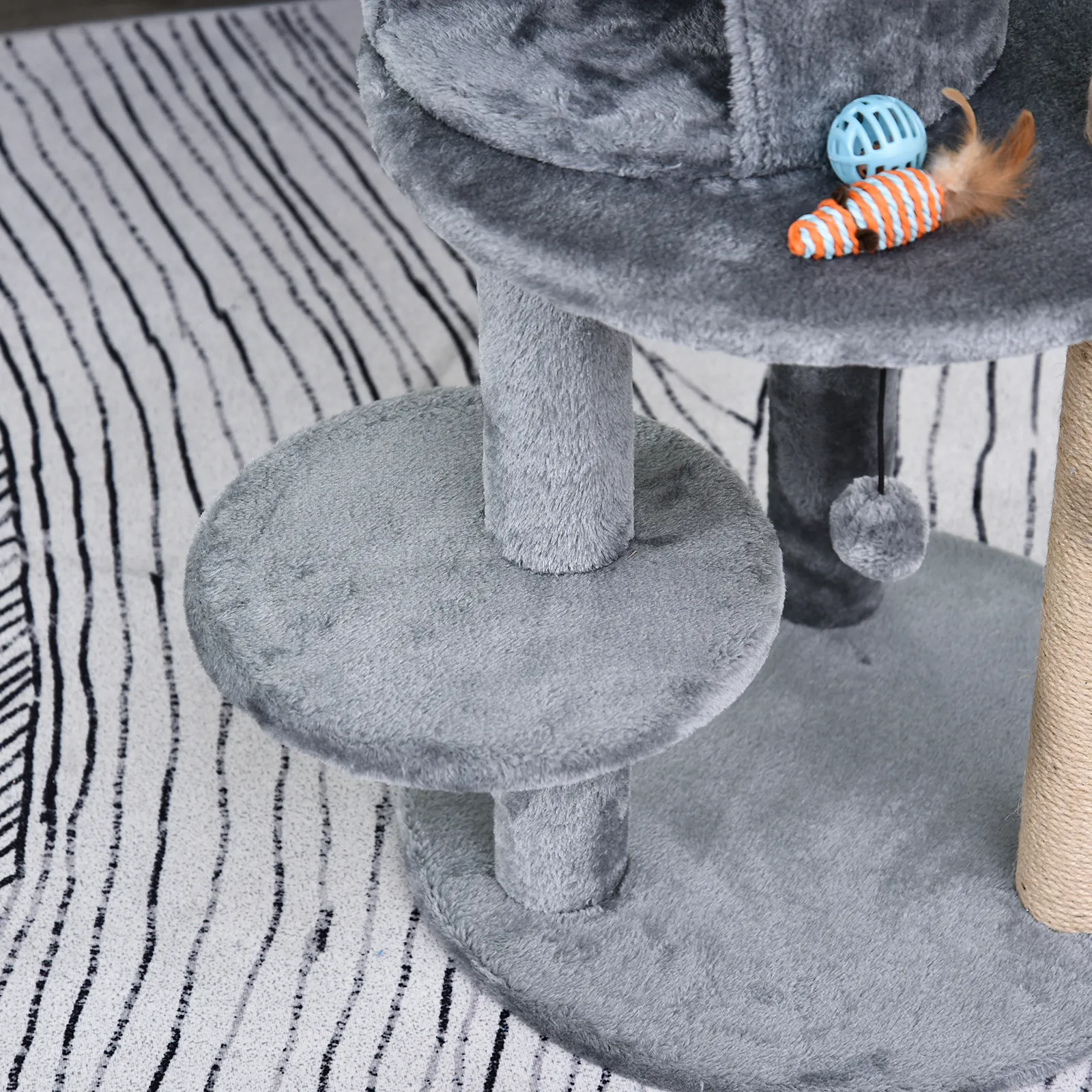 Katzenbaum 4-Stock Katzenhöhle Katzenhaus mit Spielbällen Sitzstange Sisalsäule und Kratzbrett groß stabil luxuriös Sisal Plüsch Grau 48x48x104 cm
