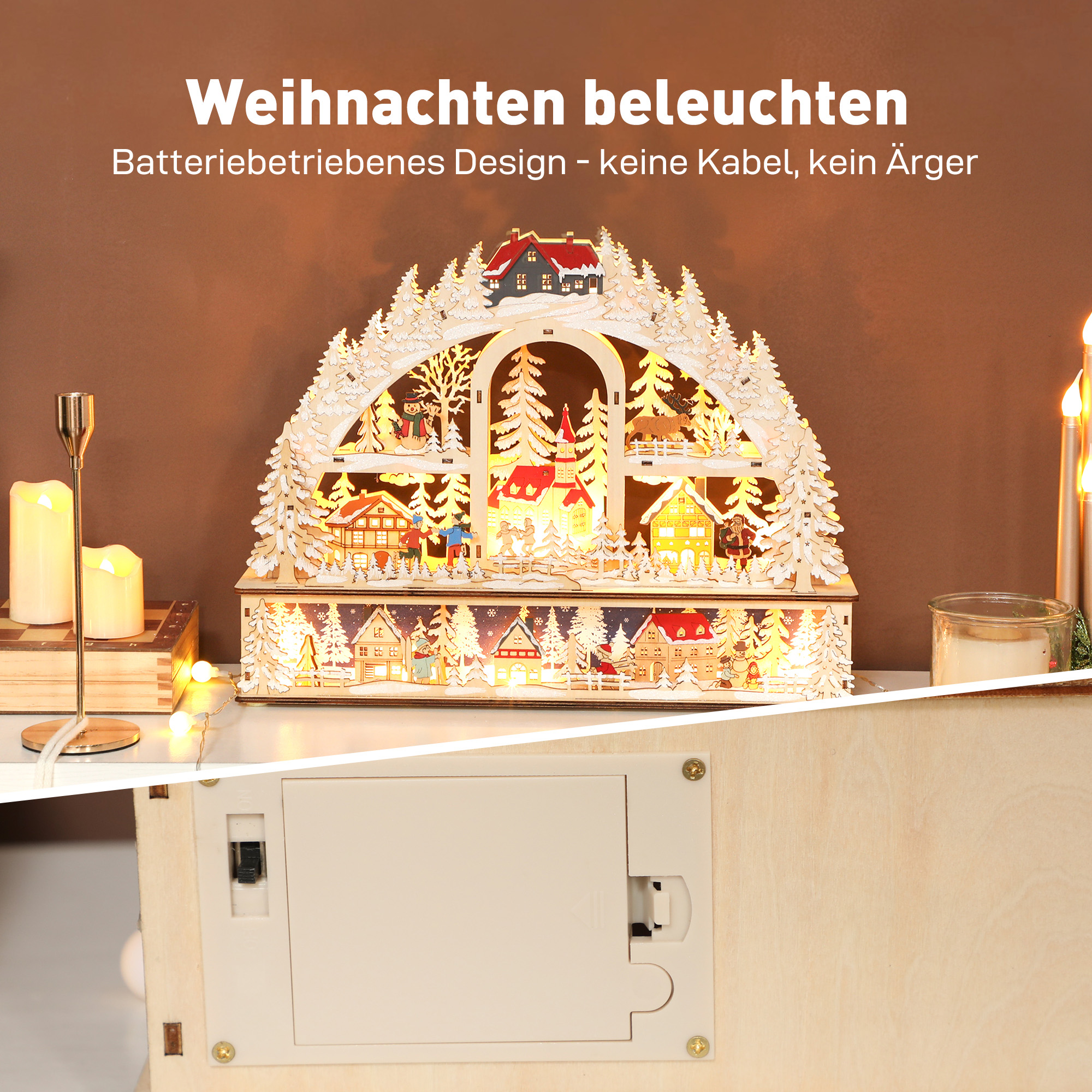 Weihnachtsdorf LED Weihnachtsstadt Naturholz 45x10x35 cm