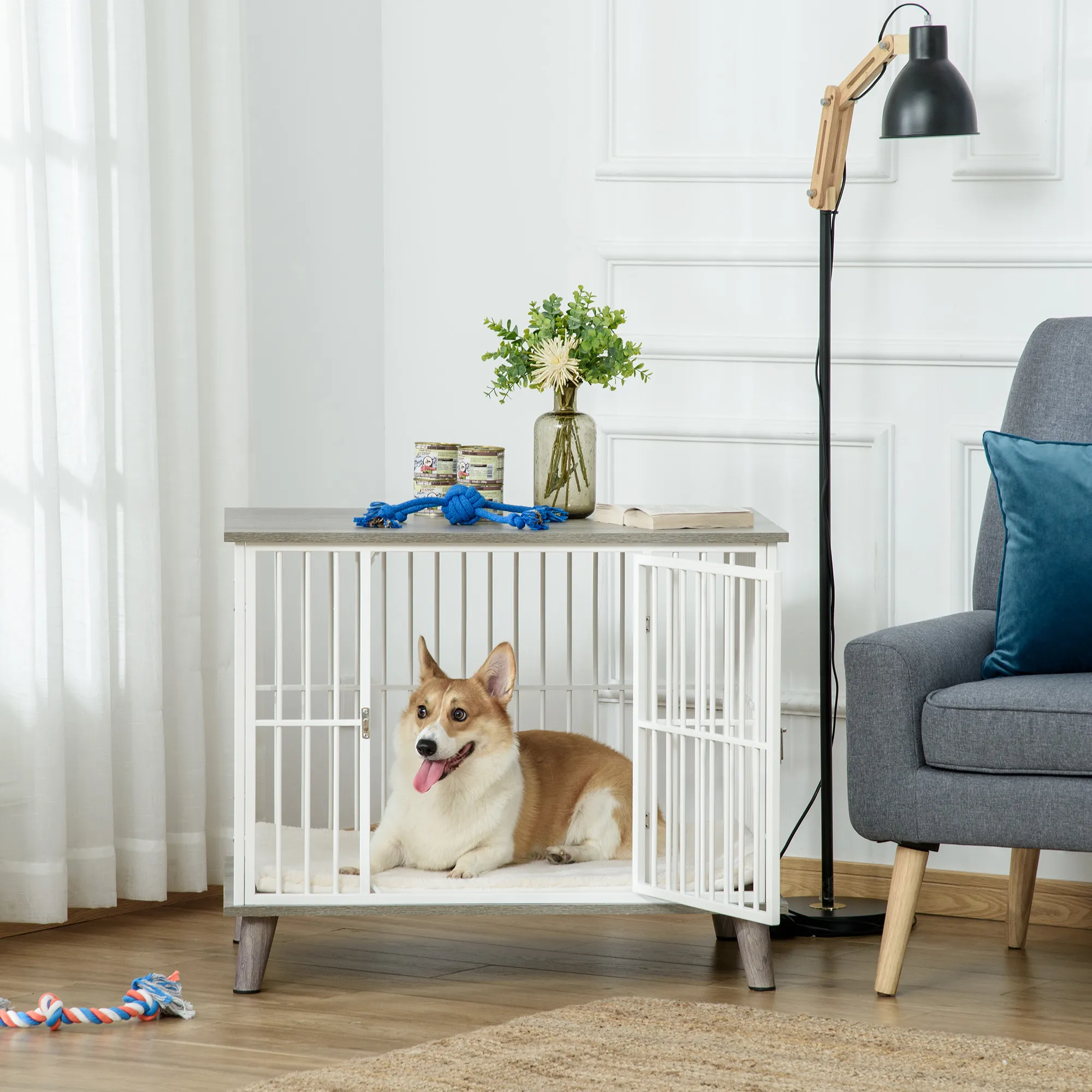Hundekäfig Weiß/Grau 86B x 60T x 70H cm für mittelgroße Hunde