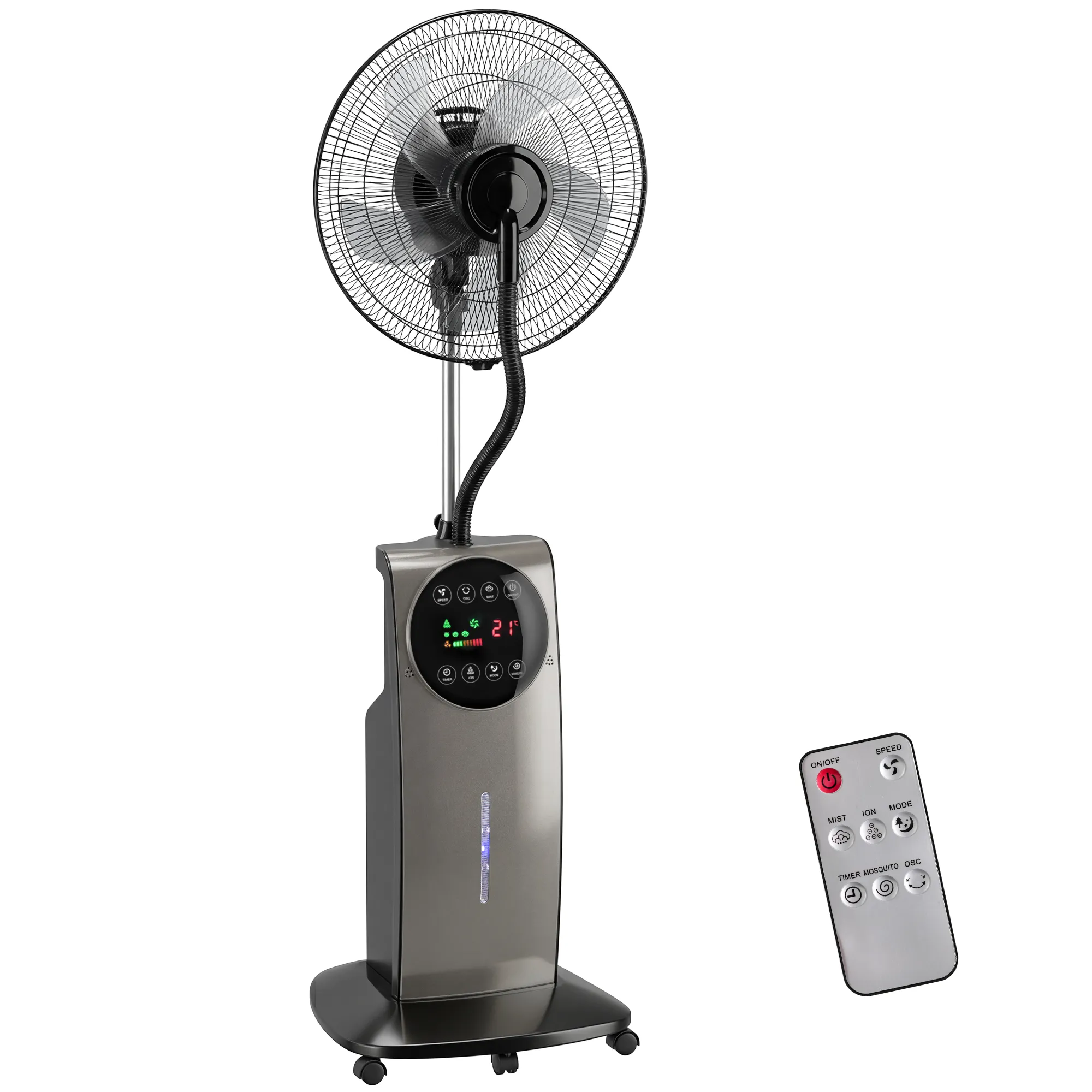 Sprühnebelventilator mit Fernbedienung, Standventilator mit Wassernebel, 70° Oszillation, 3 Geschwindigkeiten, 3 Modi, 3,1L Wassertank