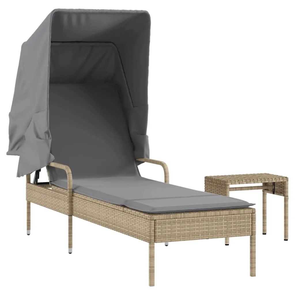 Sonnenliege mit Dach 62x200x130 cm Beige aus PE-Rattan und Stahl