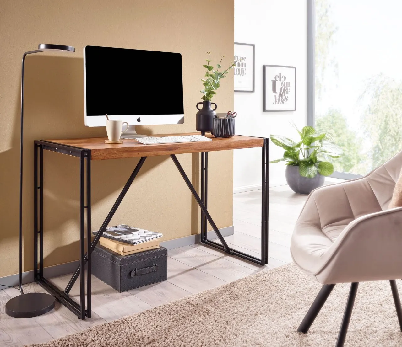 tinkaro Schreibtisch rechteckig RUPERT Sheesham Massivholz PC-Tisch Braun